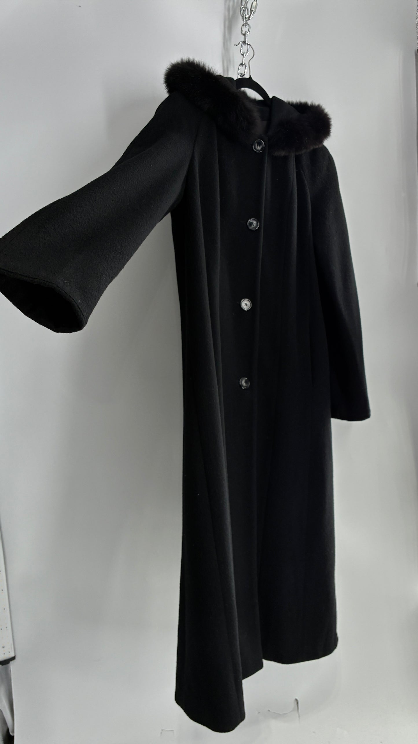 Vintage ANDREA COLLECTION Black Wool Blend Full Length Coat with Fur Trim Hood (12)