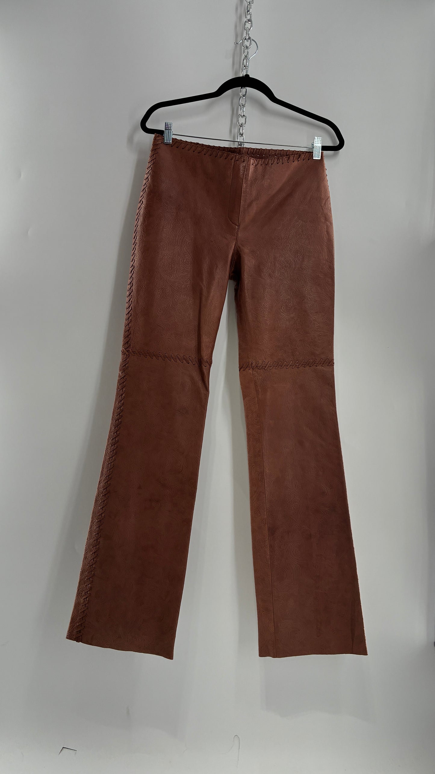 Vintage Embossed Paisley Patterned Genuine Leather Pants with Stitching Details (No Label Unbranded, S)