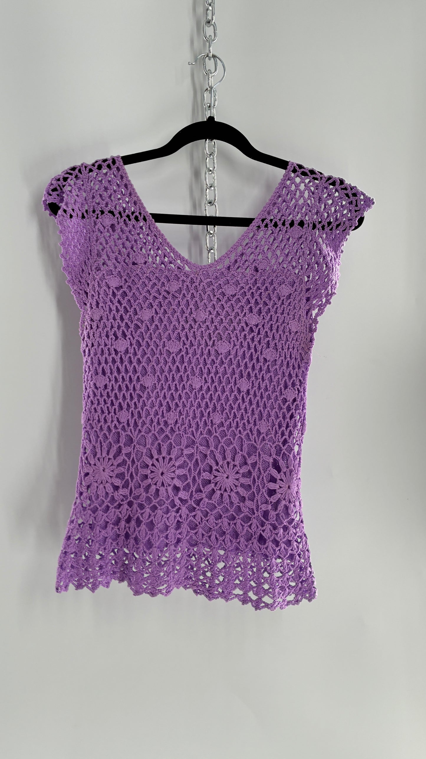 Vintage Lilac/Lavender Handmade Crochet Short Sleeve Double Layered Blouse with Rosette (S/M, stretchy)