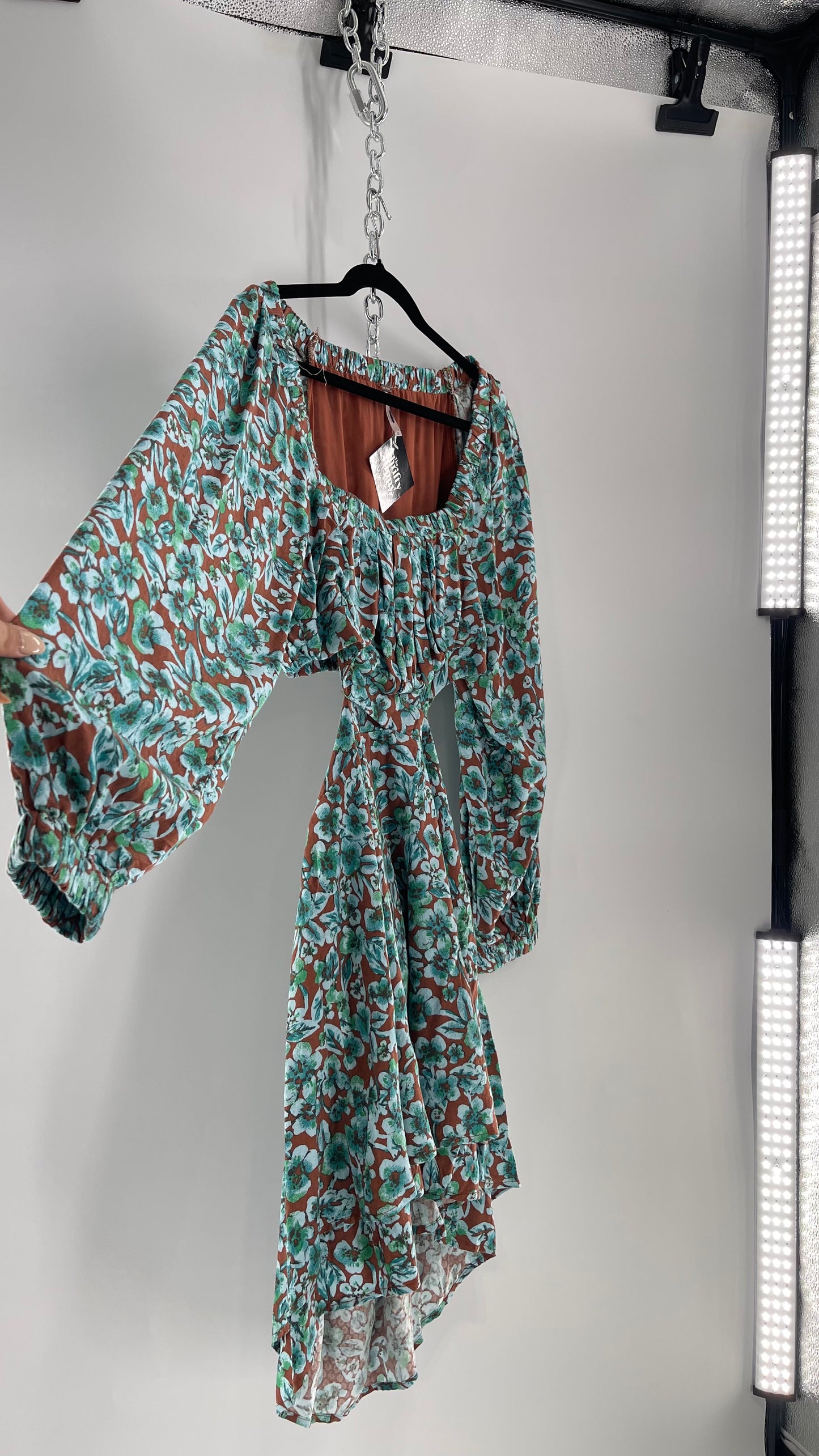 Free People Brown Cut Out Milkmaid Mini with Blue Florals (Medium)