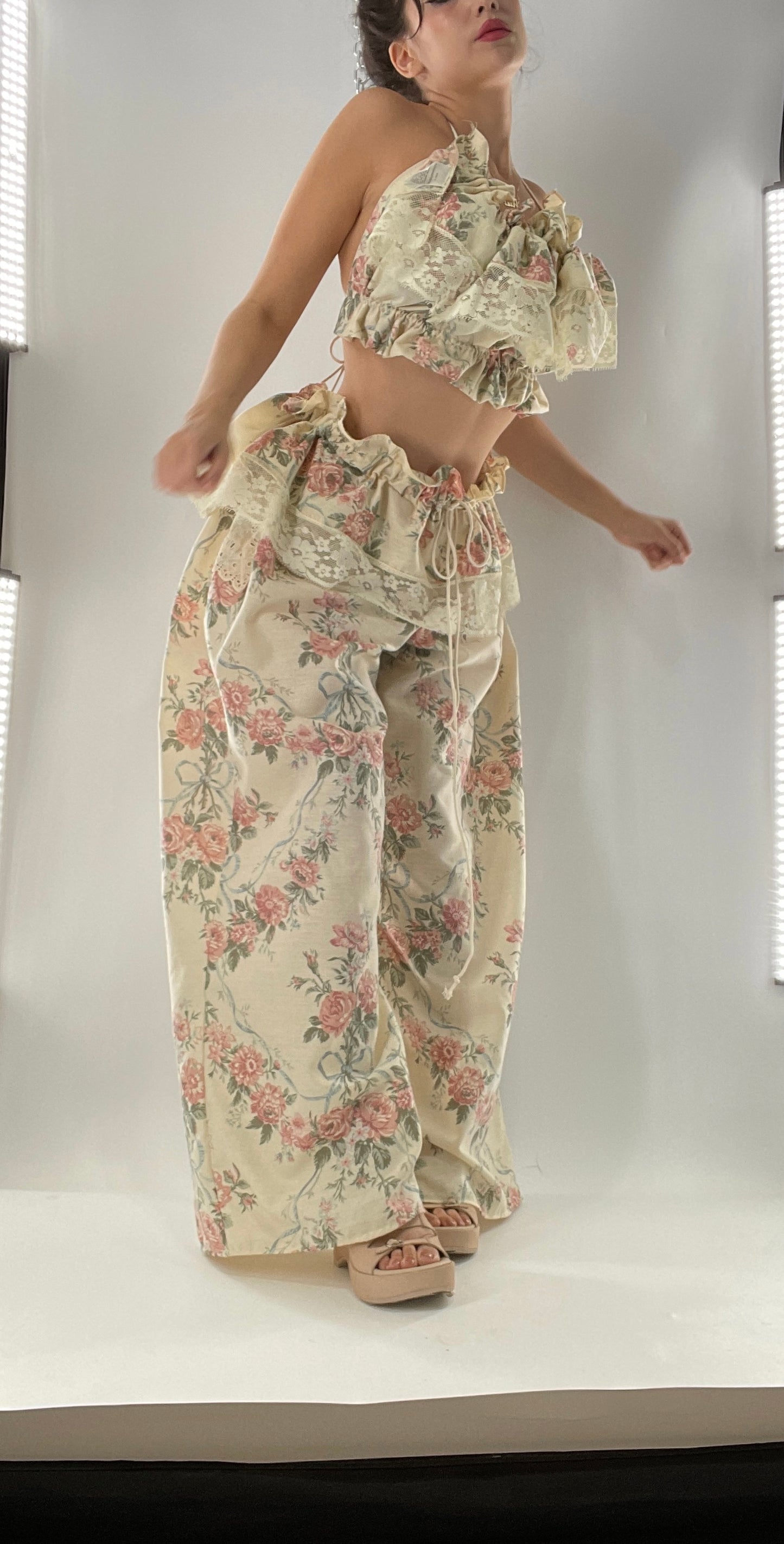Vintage Set Covered in Delicate Dainty Florals, Bows and Lace (One Size, Adjustable)