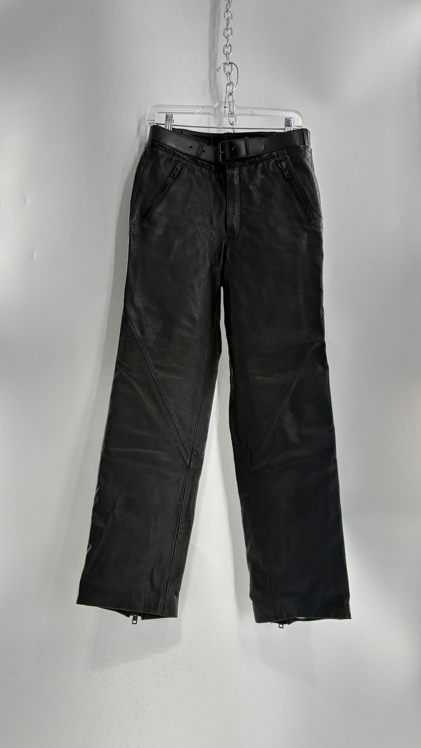 Vintage Black Italian Leather Motorcycyle Pants with Built In Belt and Zipper Detailing (XS)