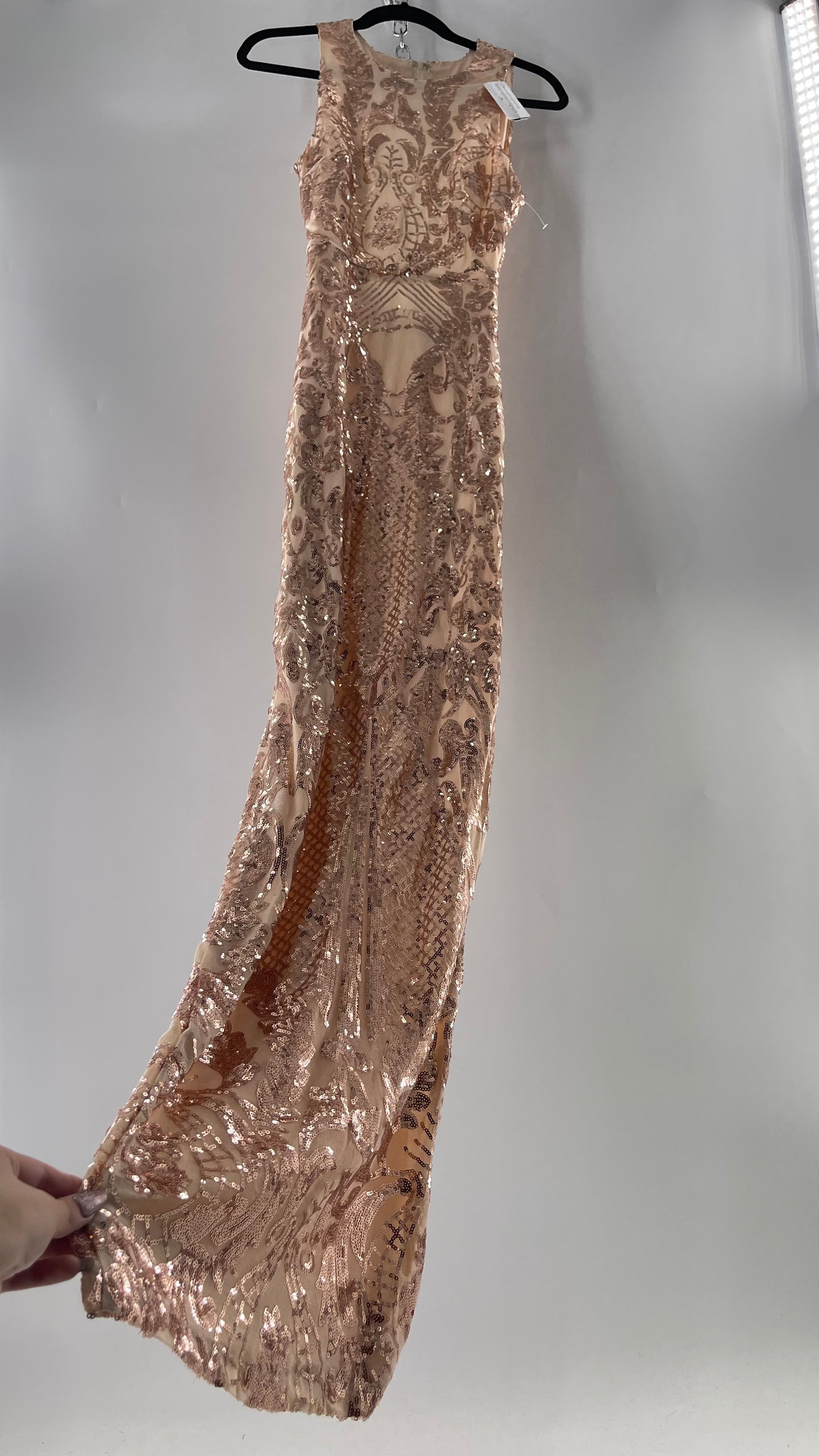 Windsor Rose Gold Sequin Maxi Dress with Side Slit Detail and Open Back (Small)