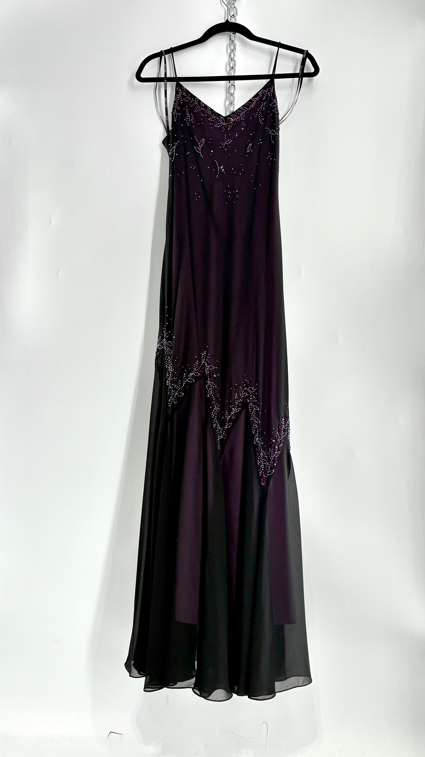 Vintage XSCAPE Full Length Black Beaded Gown with Purple Underlay (4)