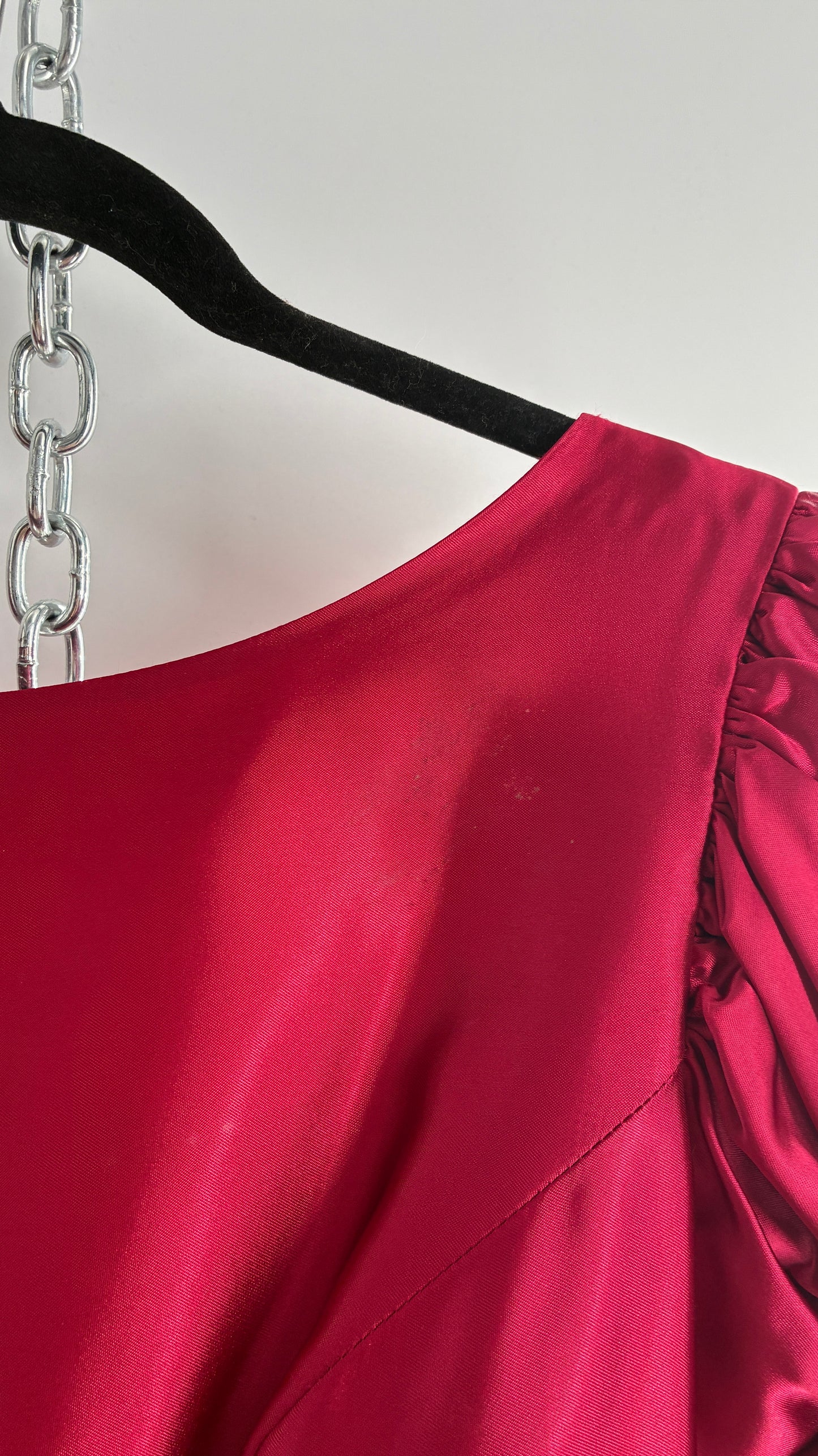 Vintage Red Silky Satin Corset Style Dress with Sweetheart Neckline, Puff Sleeves, Oversized Bow Bum, Open Back and Draping Pearls (10P)