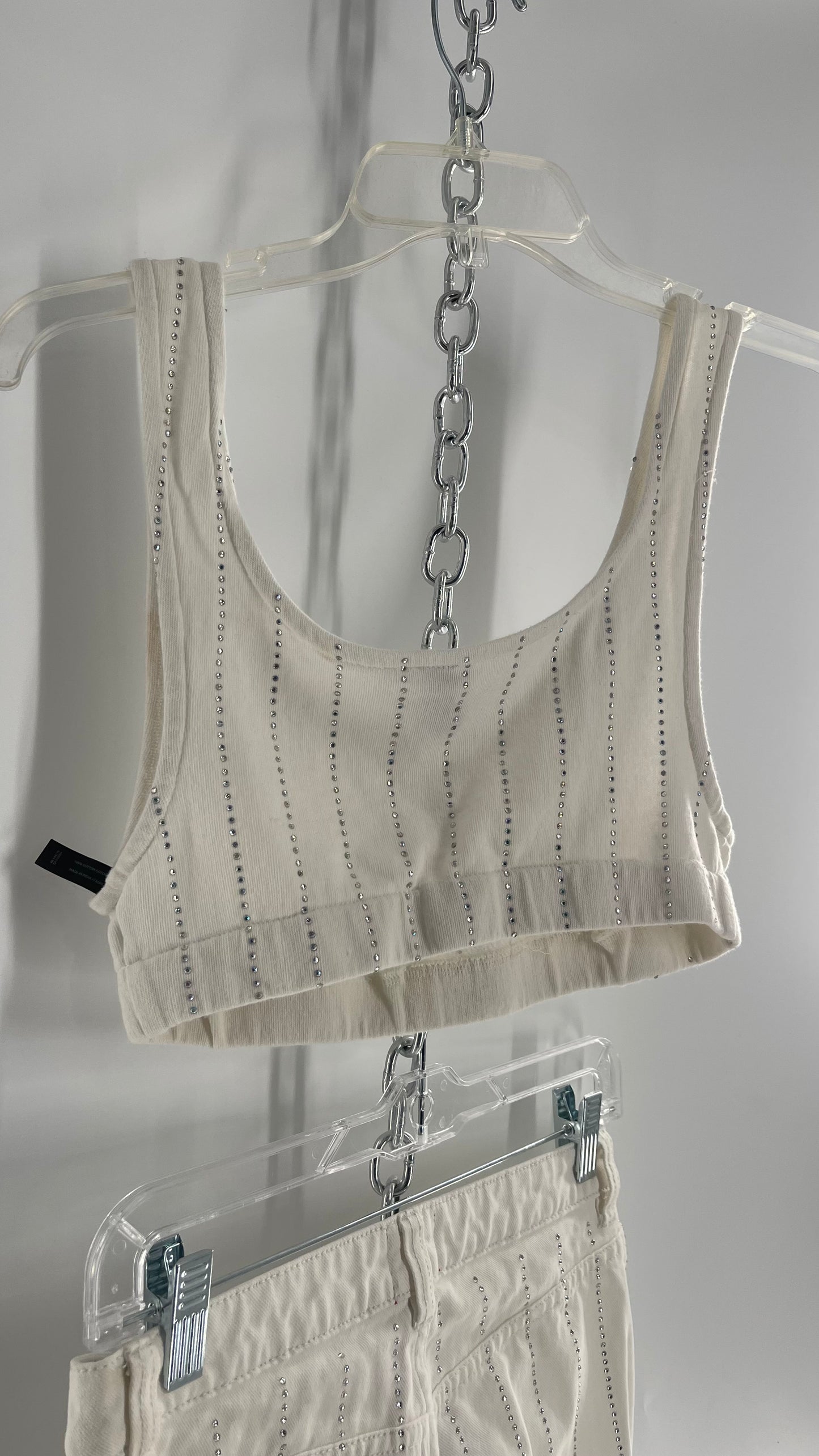 BDG White Jeans (S) With Rhinestones and Sleeveless Cropped White Top With Rhinestones Set (S)