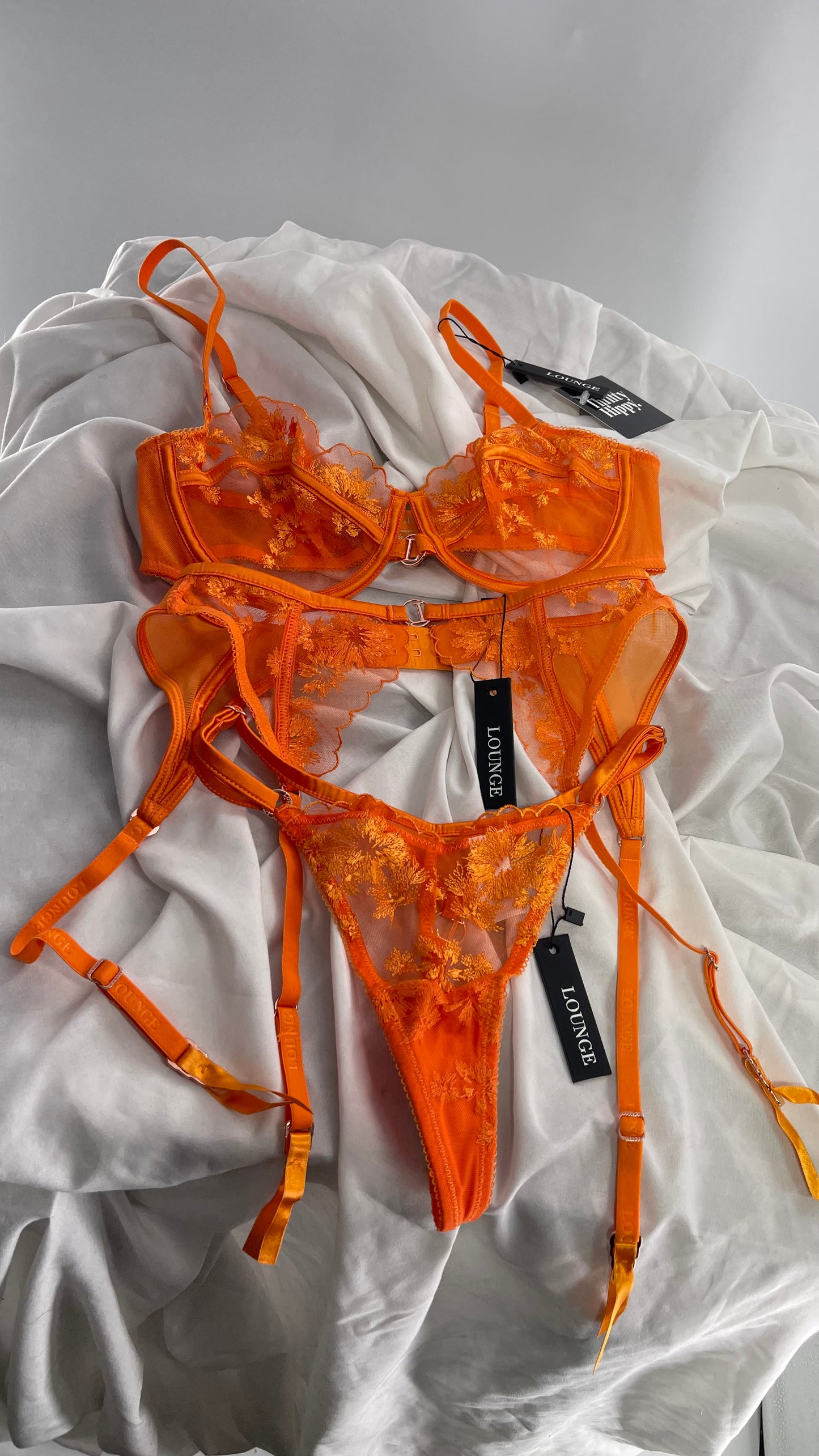 LOUNGE Orange Ava Bra, Garter and Panty Set with Tags Attached (32C, XS)