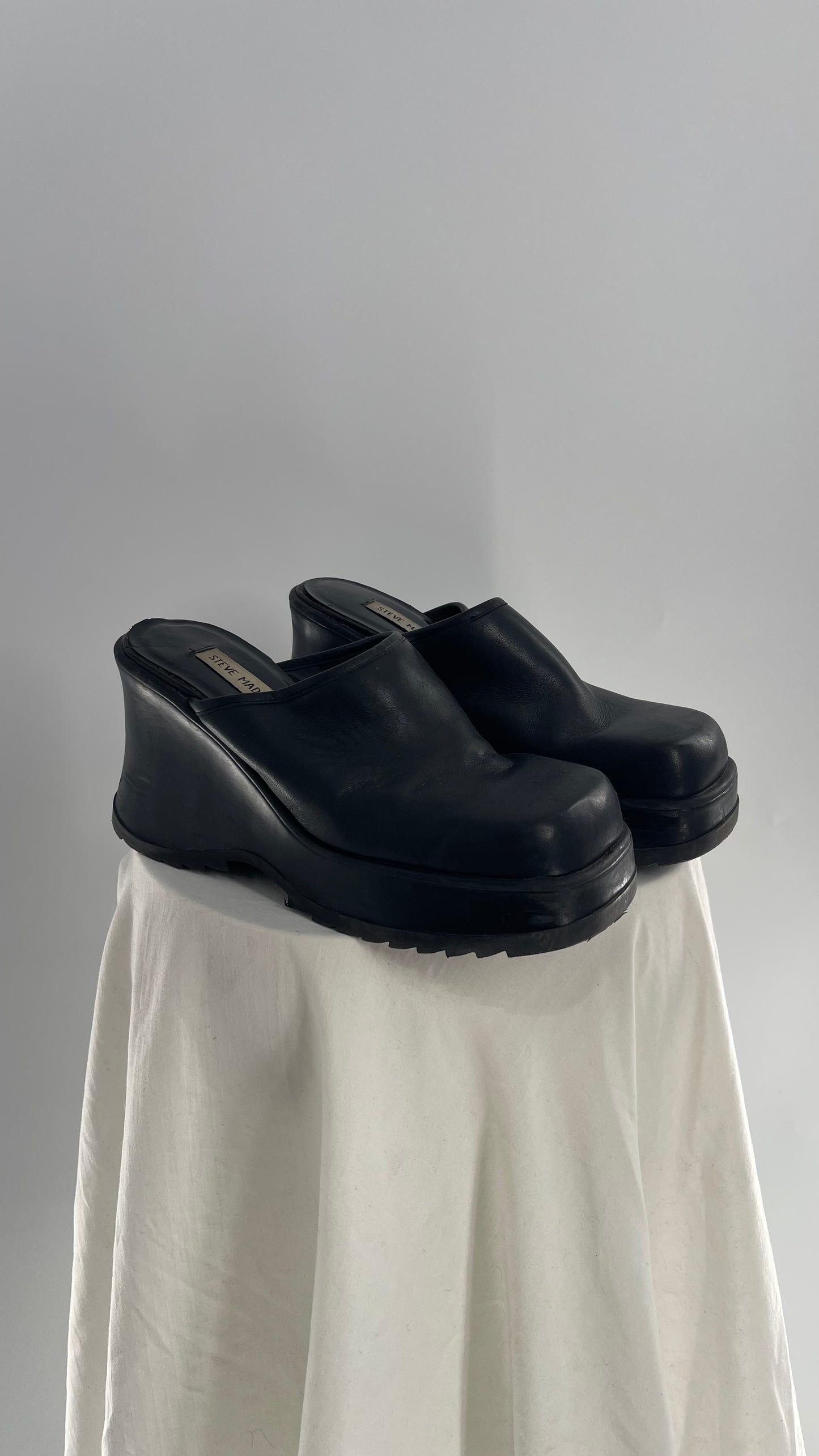 STEVE MADDEN Rare Black Leather Chunky Platform Wedge Clog (10)
