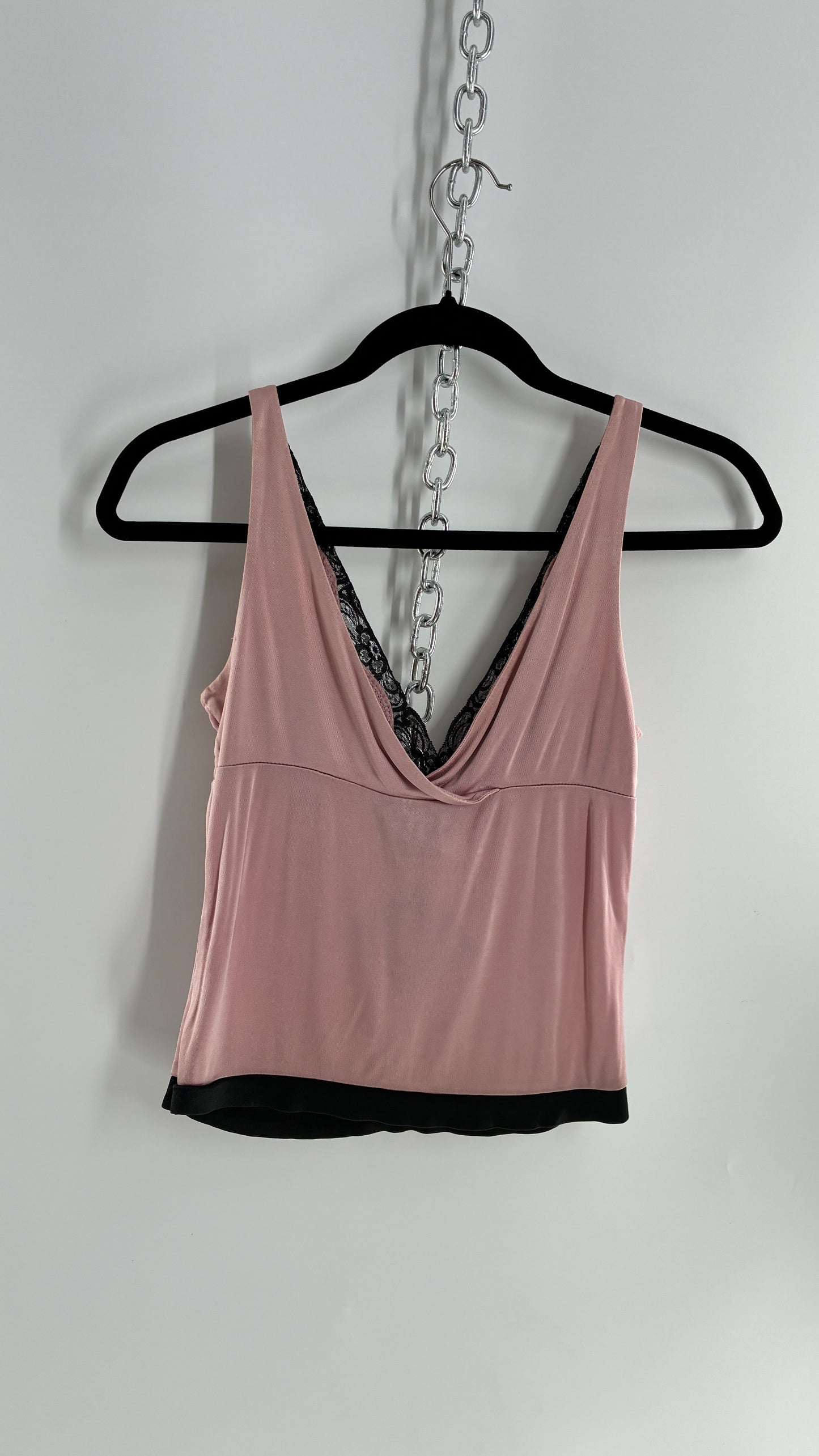 Vintage 1990s Express Dusty Pink Camisole with Black Lace Details and Bow Bust (XS)