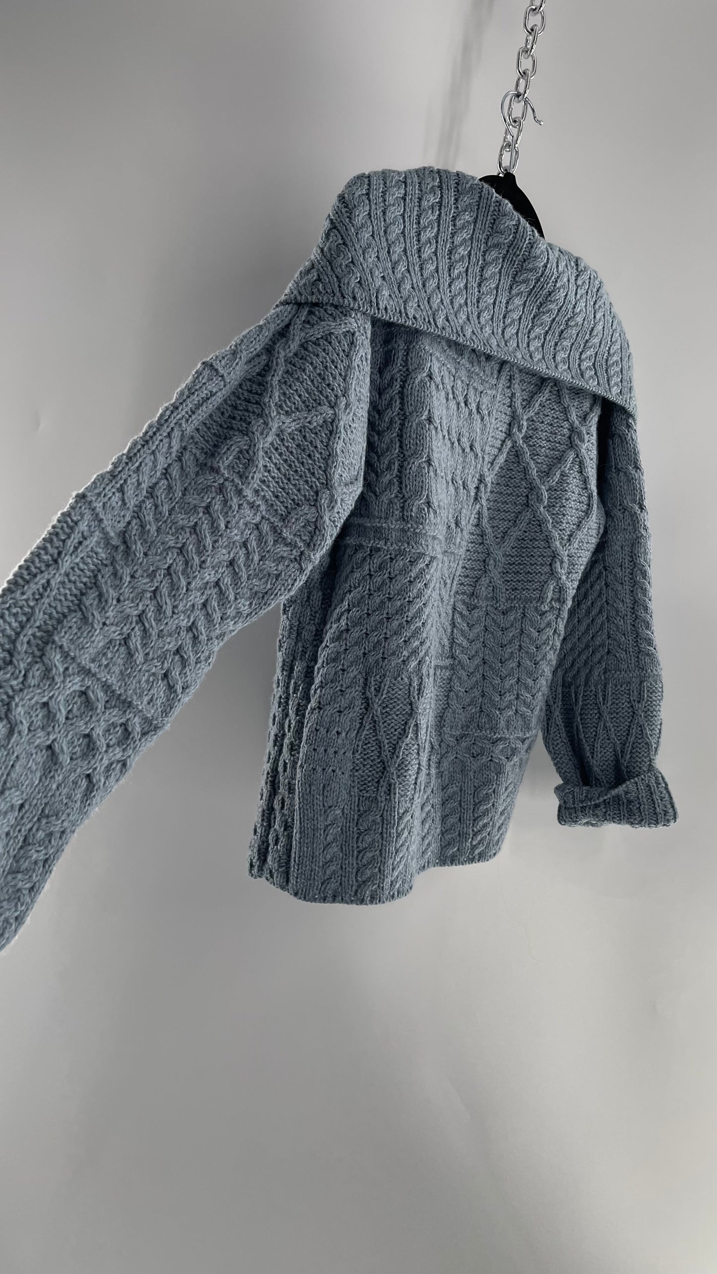 Authentic Irish Aran Sweater Market Slate Blue Aran Stitch Sweater with Oversized Wooden Button Detail and Certificate of Authenticity (Small)