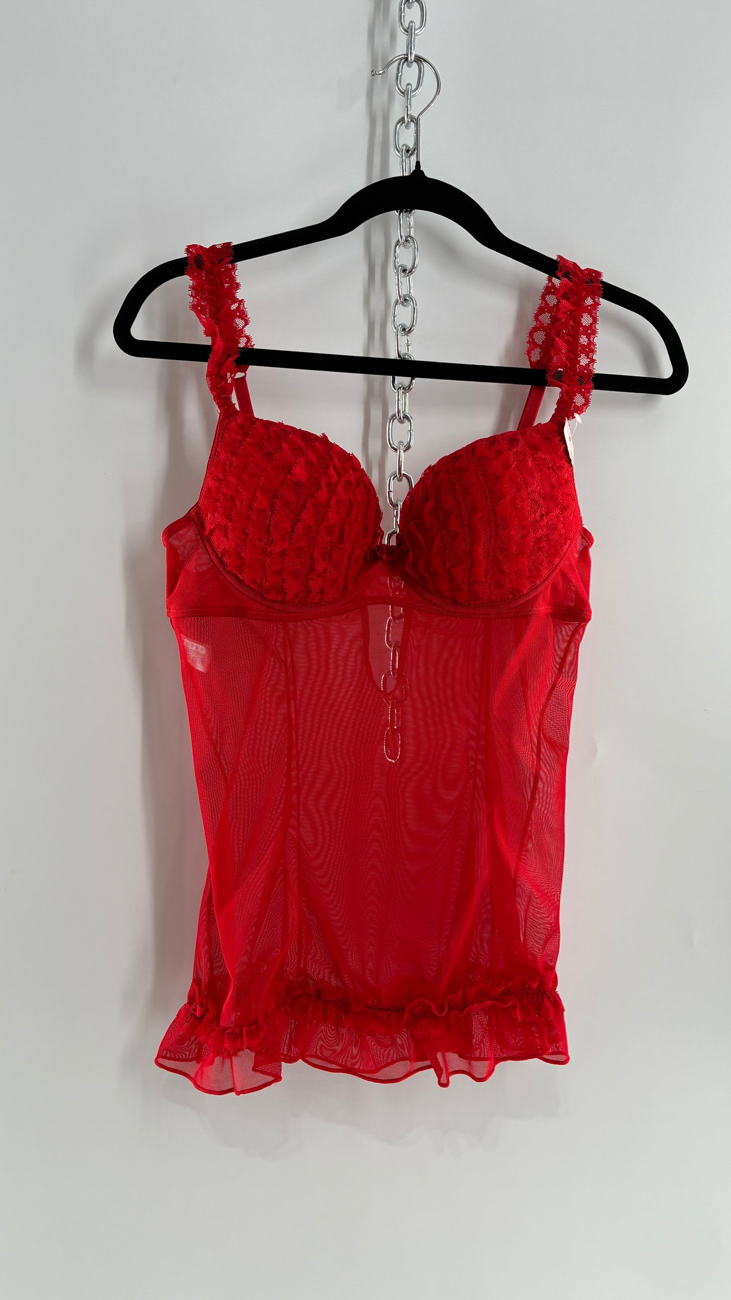 Deadstock Vintage Babydoll Bustier with Ruffled Cups, Lace Straps and Ruffled Lace Hem (34C)