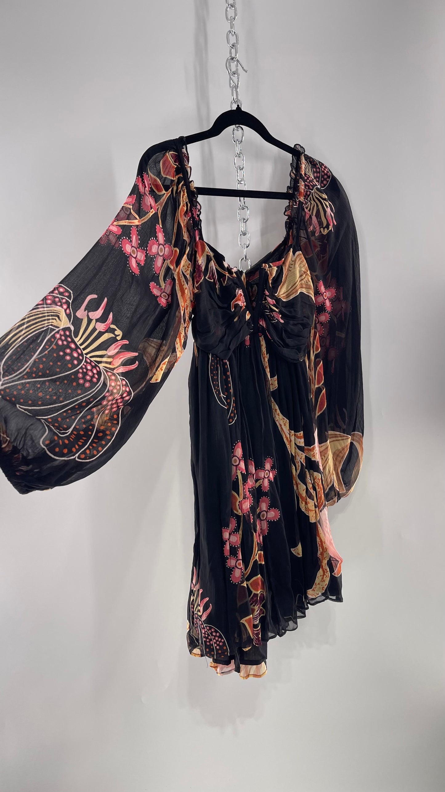 Anthropologie Let Me Be Crimped Black Chiffon Pink Floral Patterned l Dress with Tie/Open Back Detail and Tags Attached (Small)