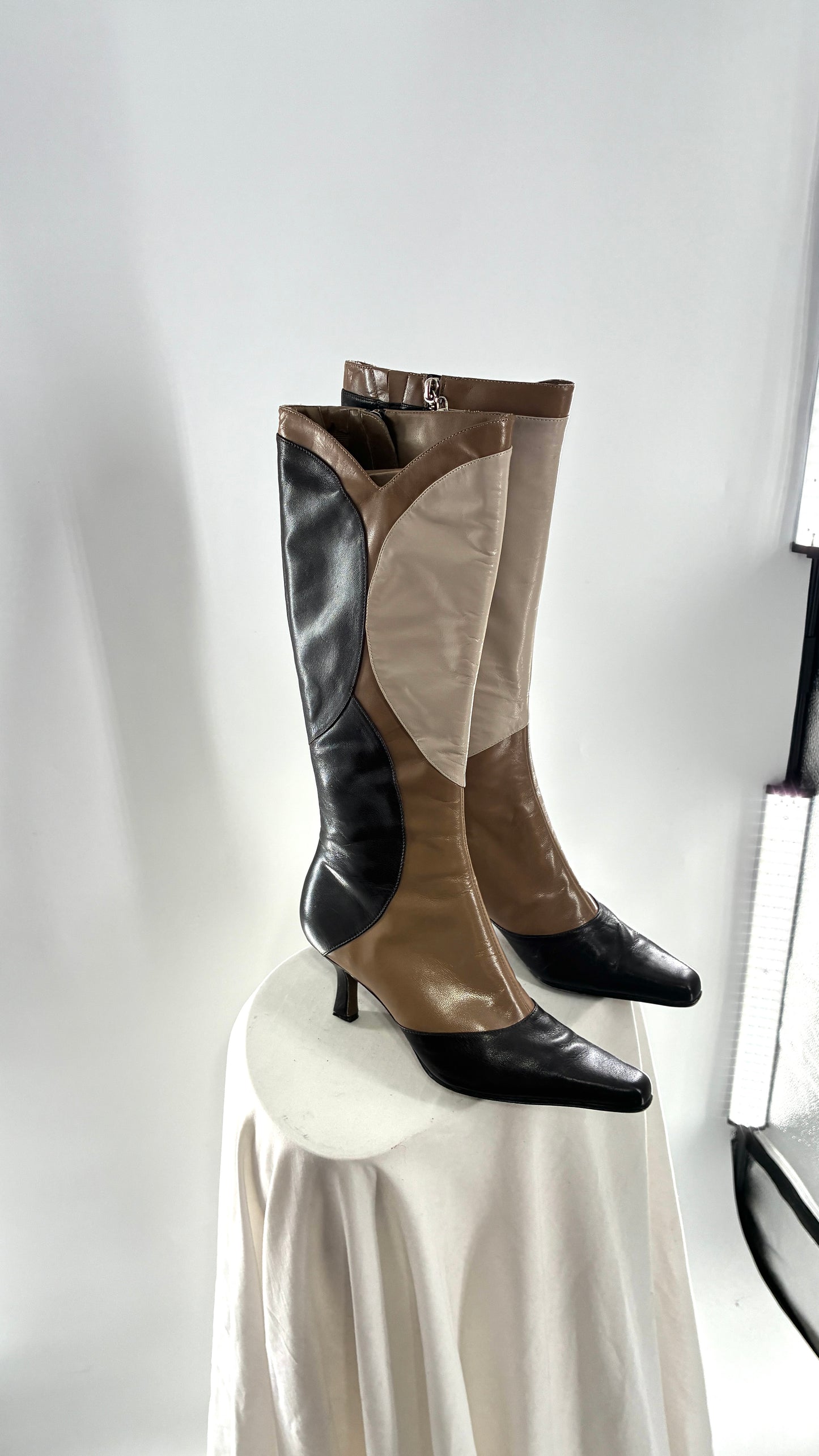 Vintage ANN MARINO Knee High Pointed Toe Abstract Patchwork Boots (6.5)