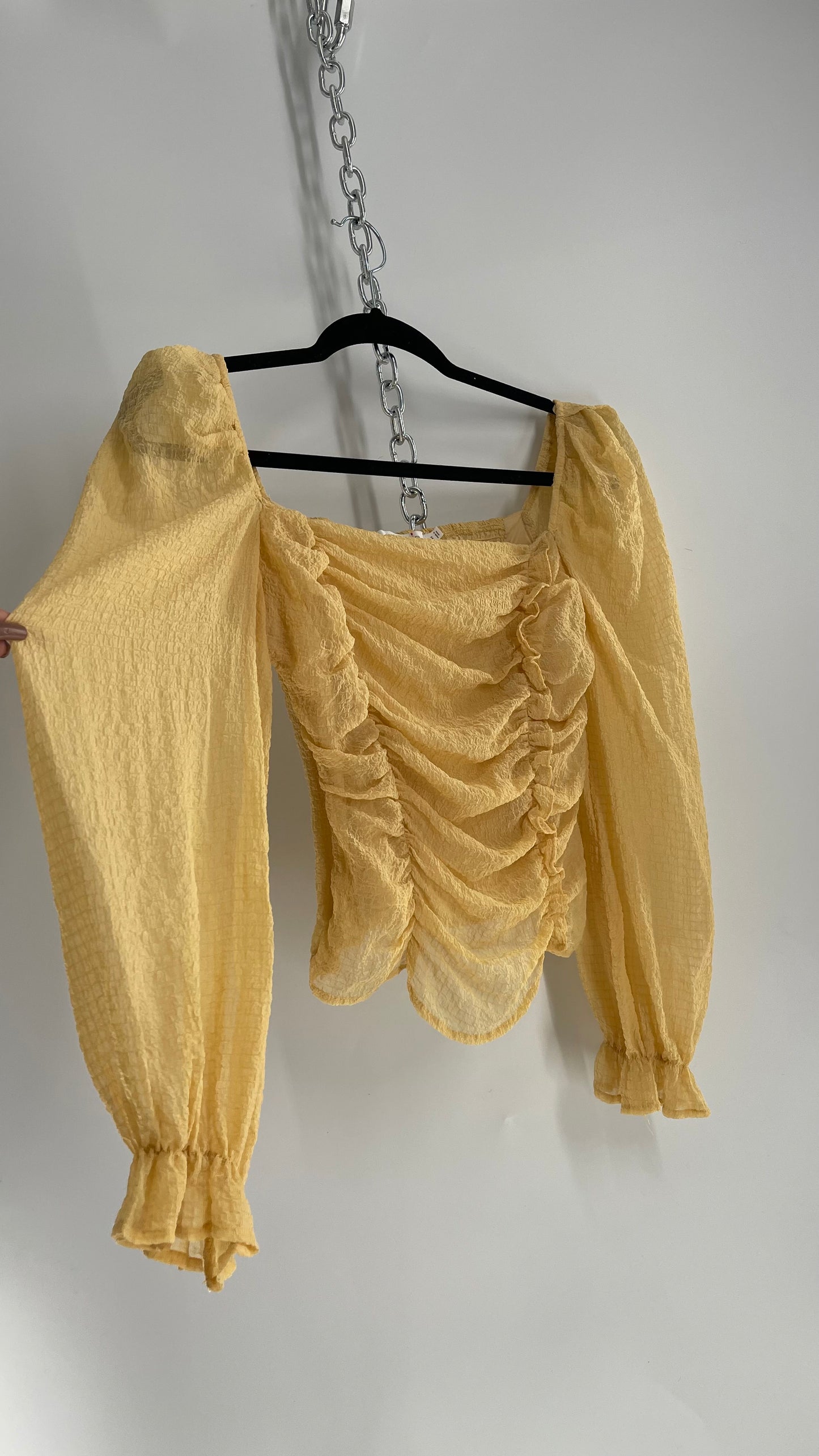ASTR the Label Yellow Bubble Sleeve Ruched Bodice Blouse (Medium)