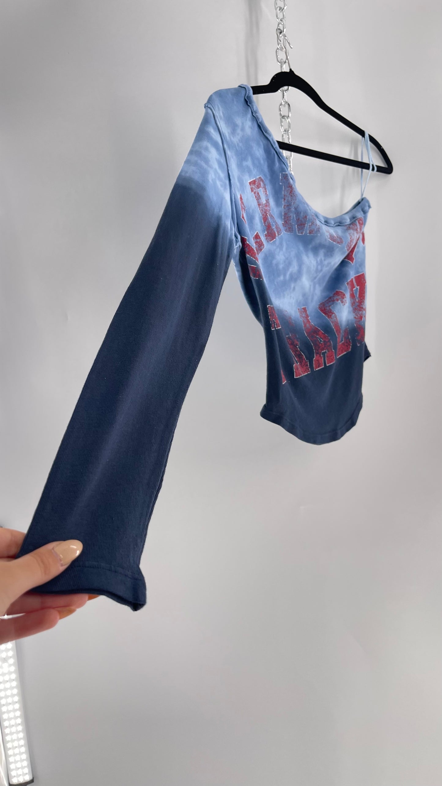 Free People Blue Ombre Tie Dye One Sleeve Top with Track Graphic (Small)