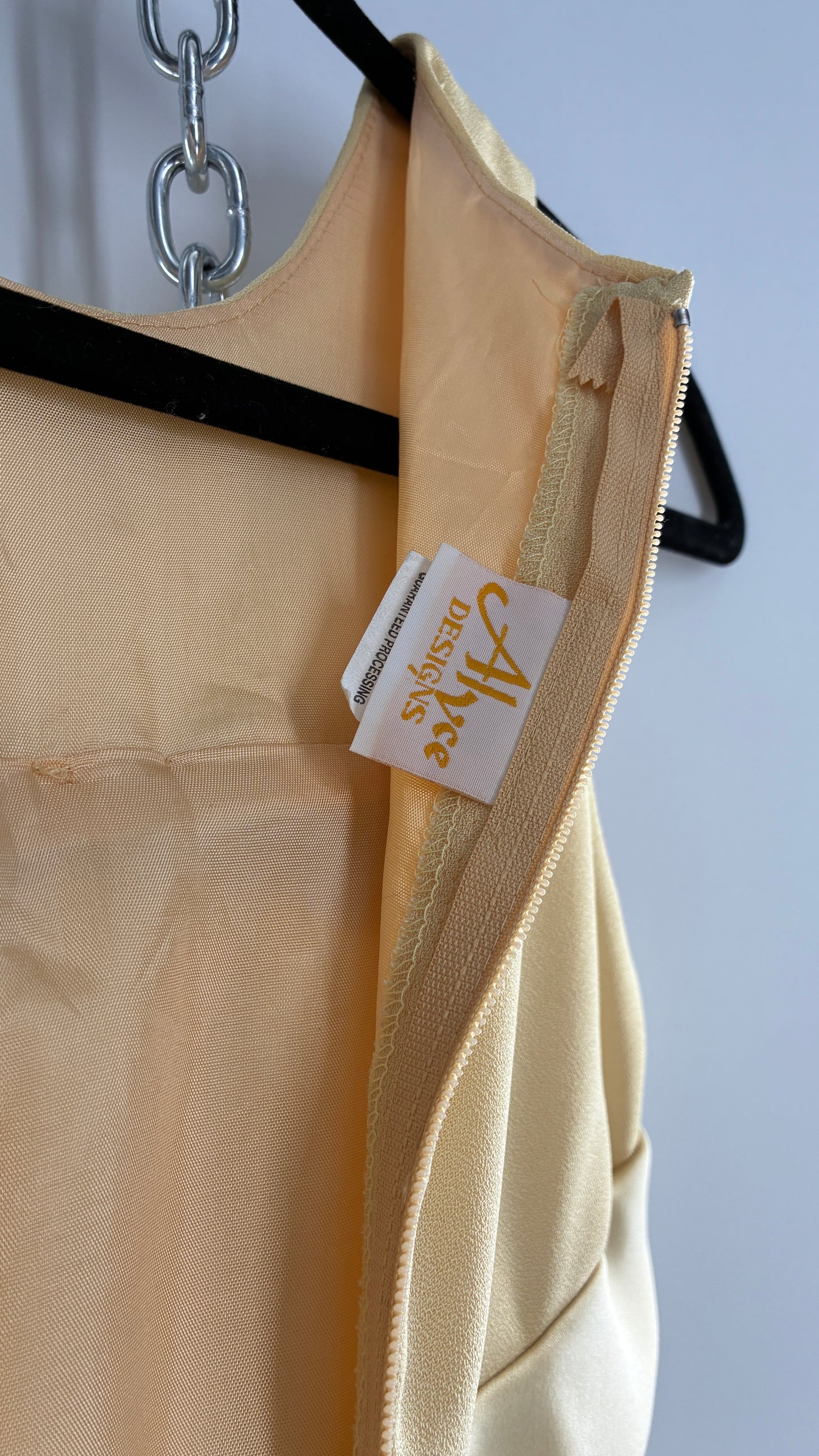 Vintage ALYCE’S Baby Yellow High Neck Satin Bow Bust, Side Slit, Button Back Gown (Measured)