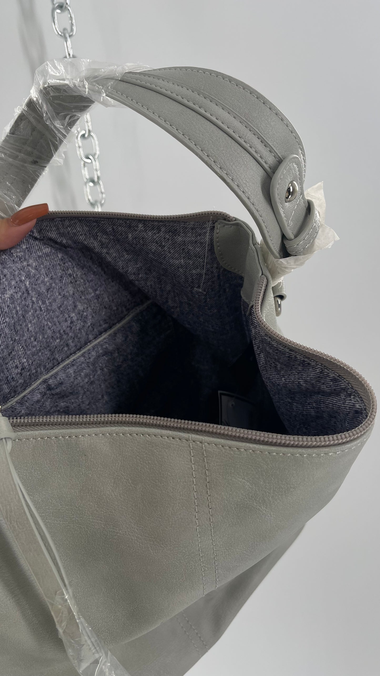 Free People Grey Leather Bag with Heavy Silver Metal Detailing, Pockets and Extra Strap