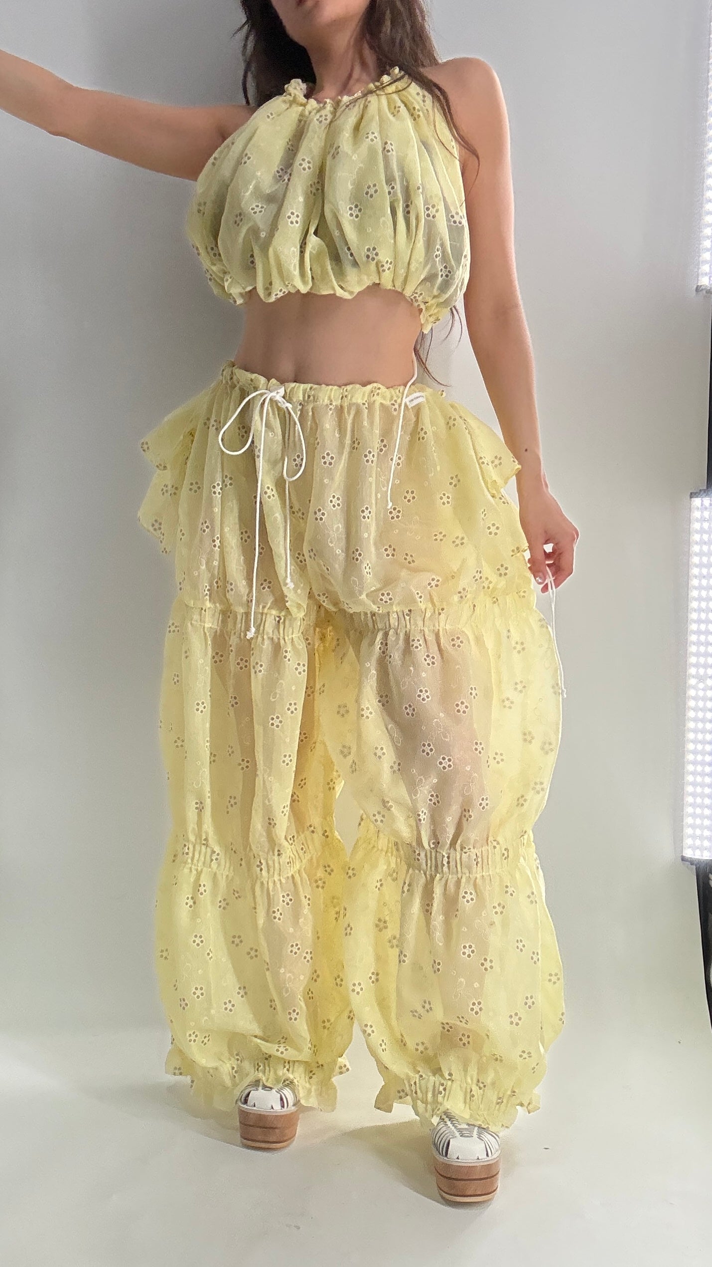 Vintage Handmade 2pc Baby Yellow Set with Tiered Pants, Ruffled Bum, and Floral Eyelet Pattern (XS-M)