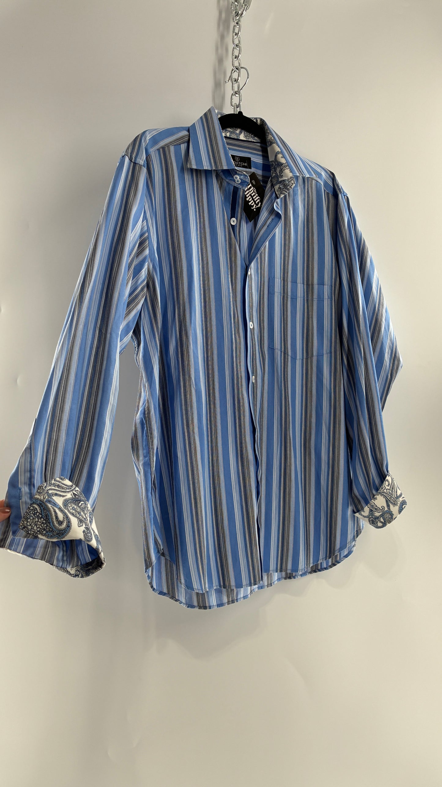 Vintage 1990s Bugatchi Men’s Blue Striped Button Up with Paisley Cuffs (Large)