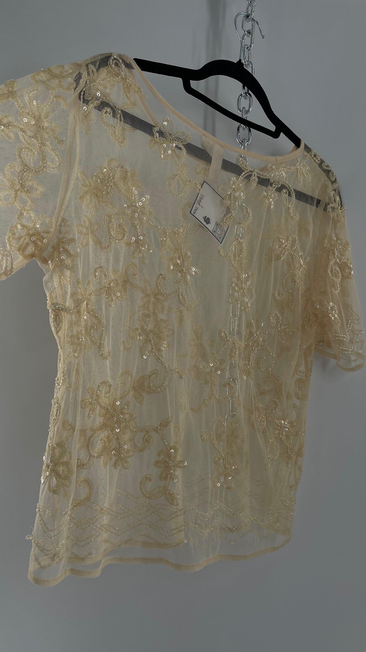 Vintage Forever 21 Baby Yellow Beaded Mesh T Shirt (Large)
