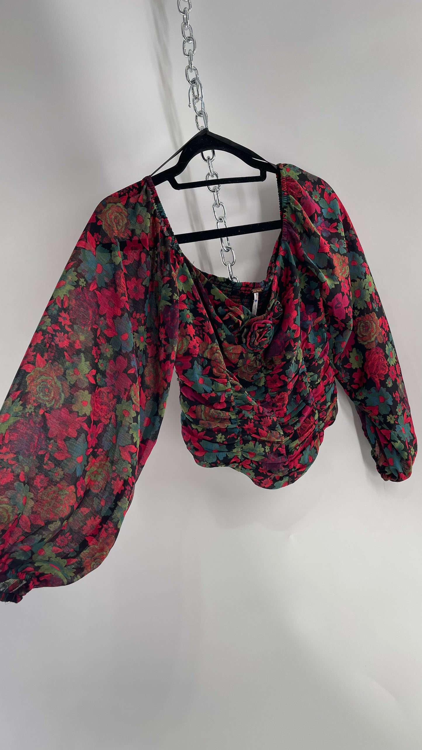 Free People Cropped Floral Blouse with Ruched Body, Balloon Sleeves and Appliqué Rosette Bustline with Tags Attached (Small)