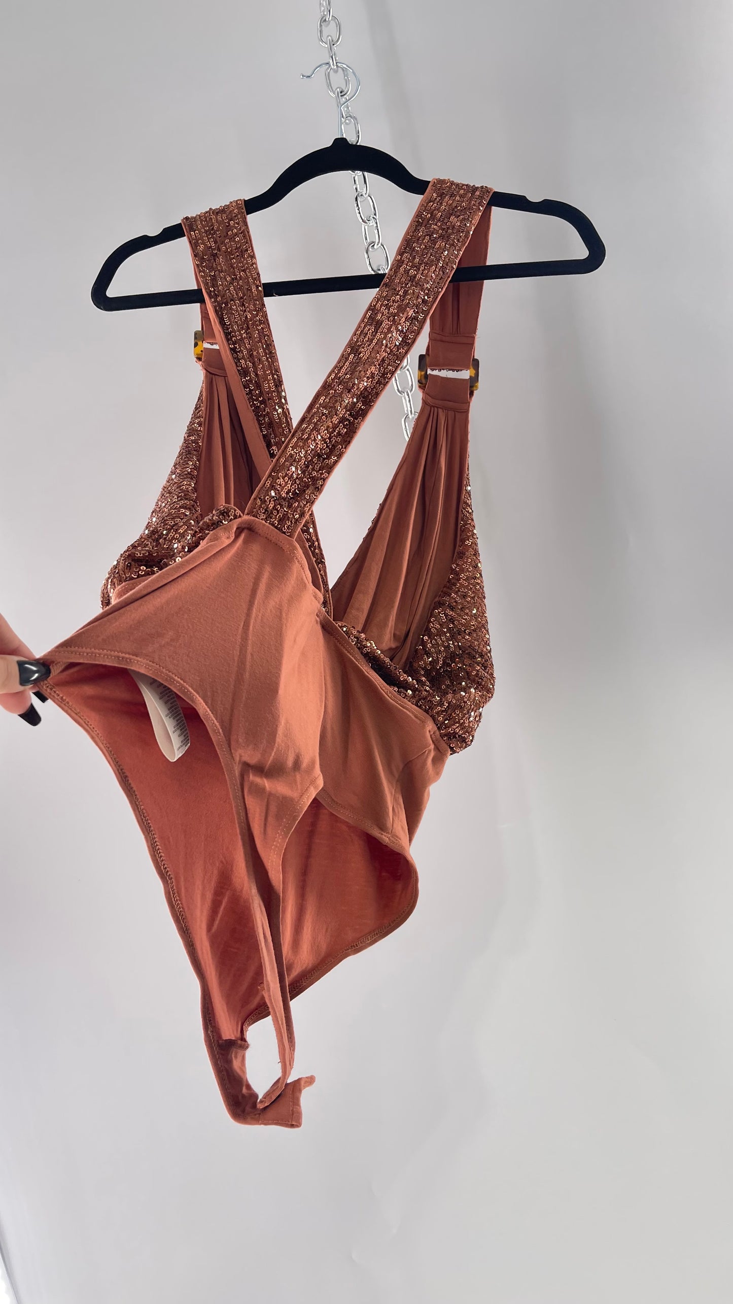 Free People Copper Sequin Draping Bodysuit with Tortoise Shell Buckle Detail (Medium)
