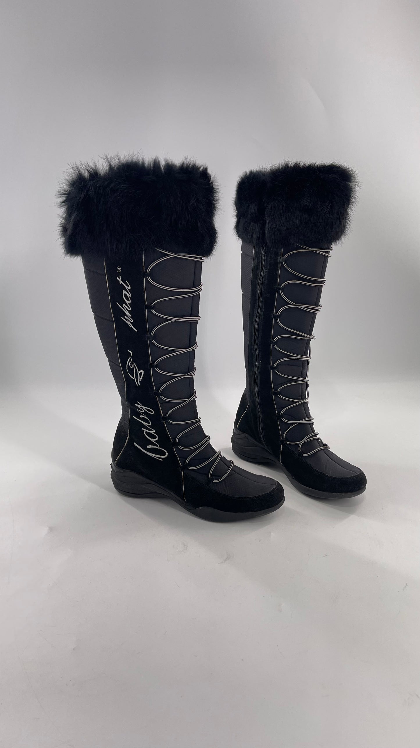 Baby Phat Black Knee High Boots with Rabbit Fur Trim, Bungee Cord Ties, and Embroidered Logo Design (8)