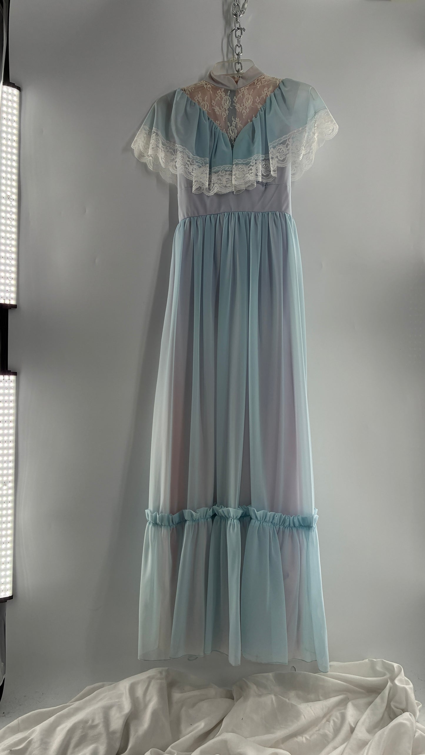 Vintage Handmade 1960s Powder Blue Overlay, Lilac Underlay Gown, Prairie Wedding Dress