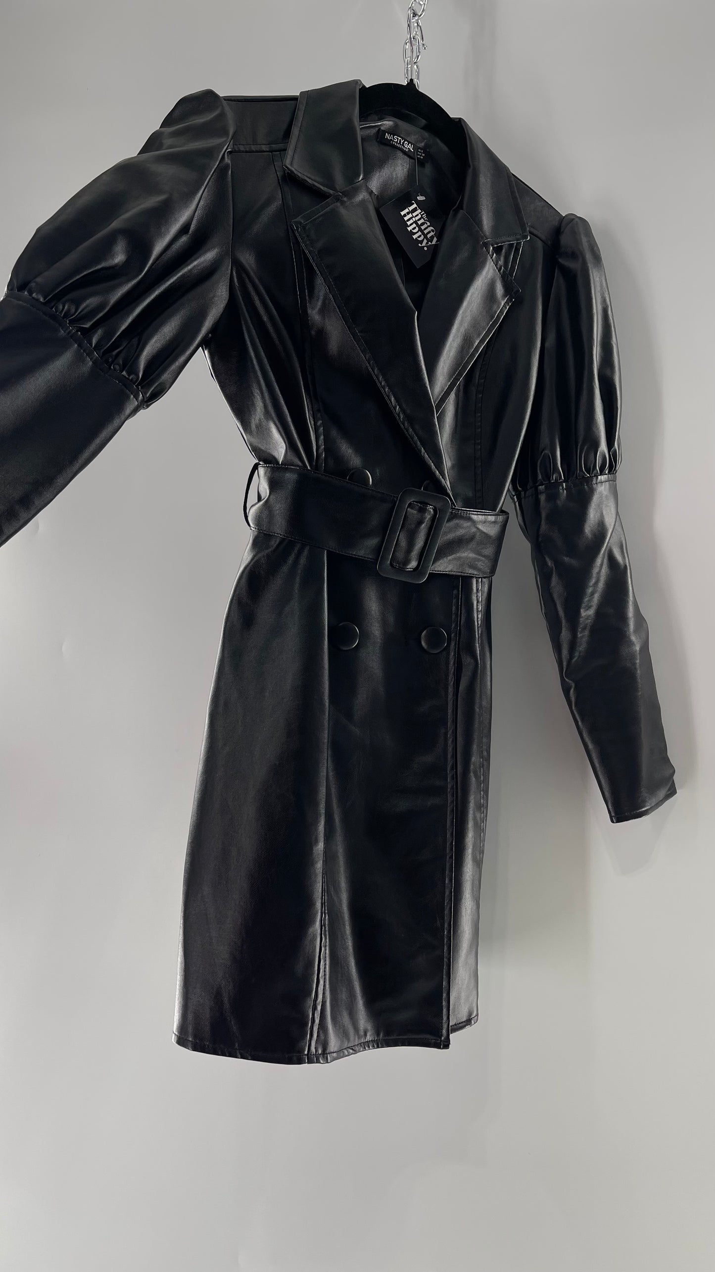 NASTYGAL Black Patent Pleather Puff Shoulder Belted Trench Coat (C)(6)