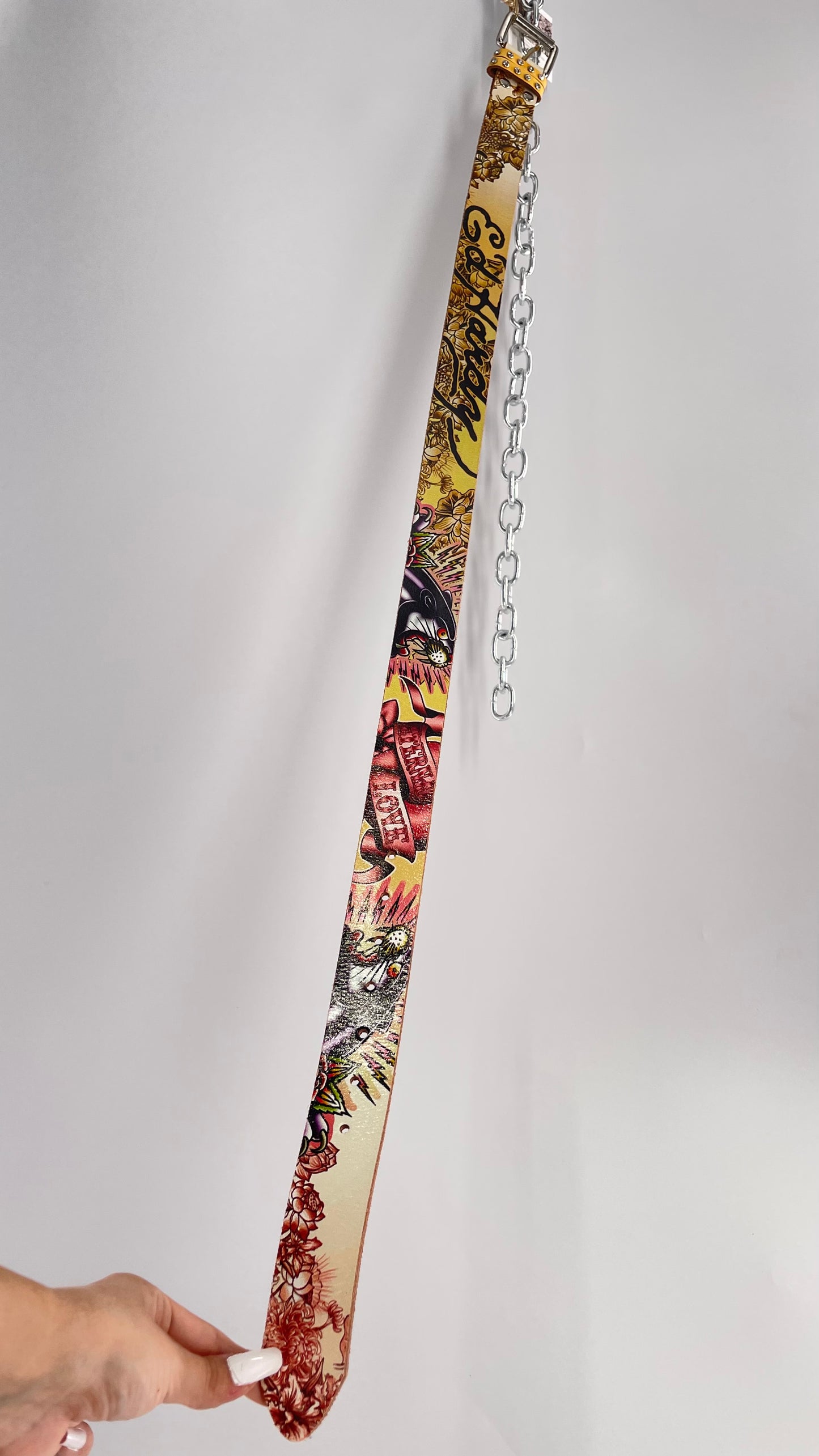 Ed Hardy Genuine Leather Belt with Rhinestones and Jaguars (M)