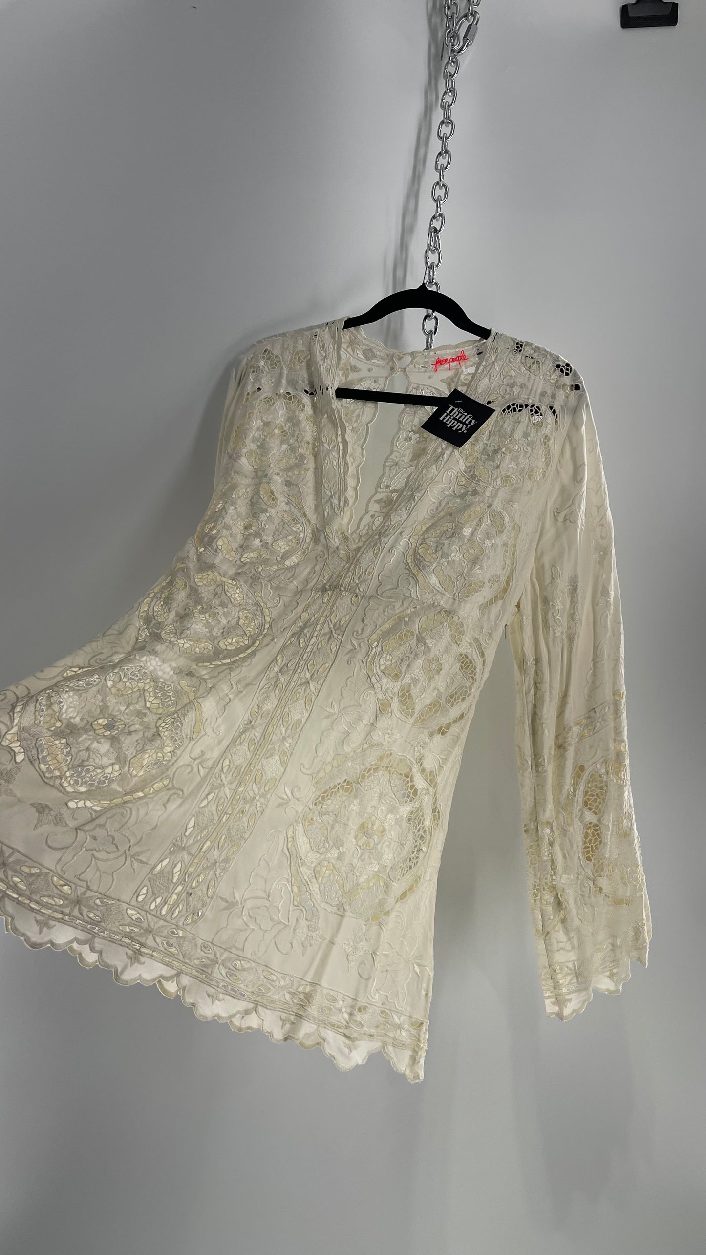 Free People Cream Lace Mini Dress (Small)