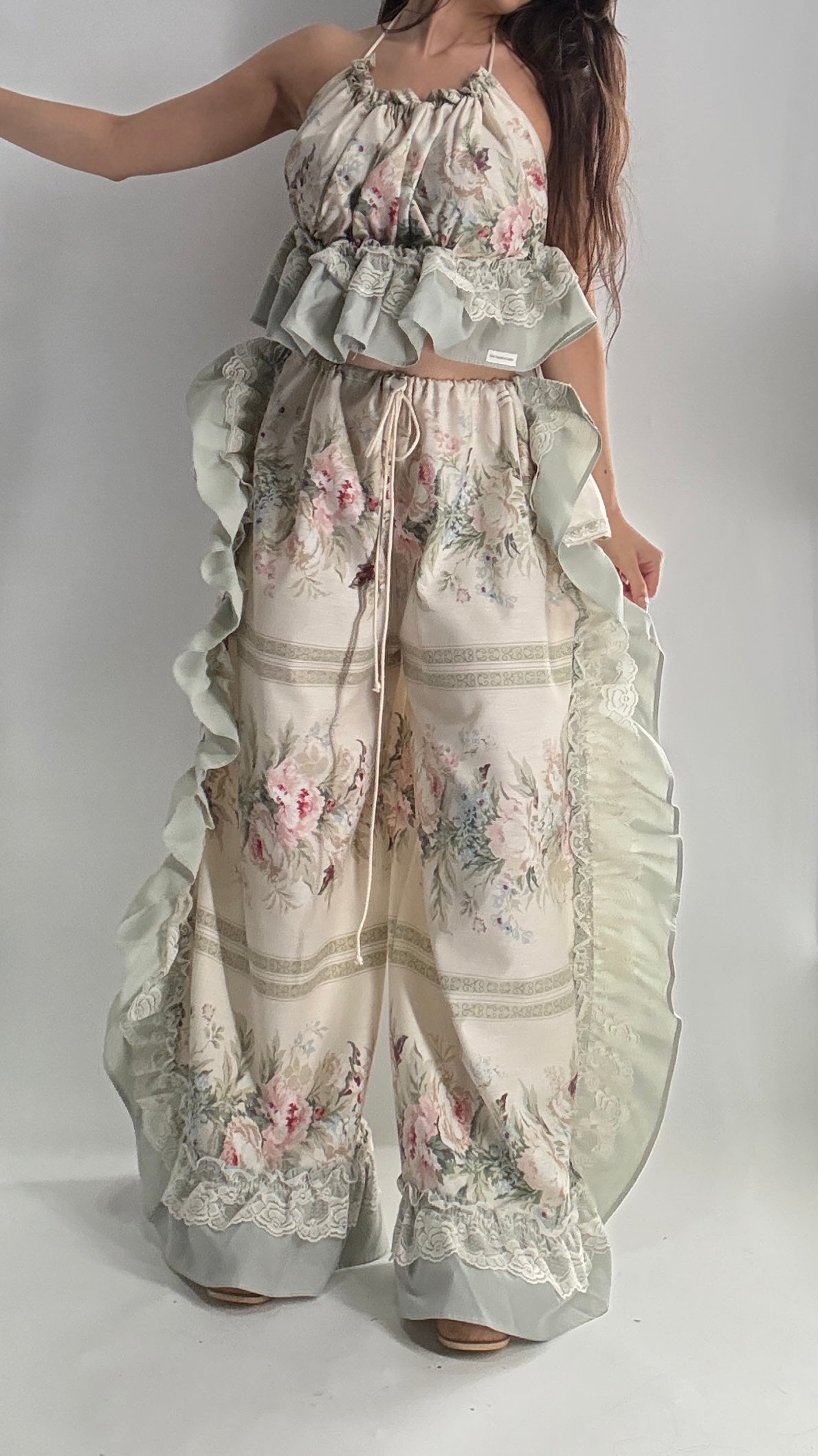 Handmade Vintage Muted Florals Two Piece Set with Adjustable Waist and Bust Lines (XS-XL)