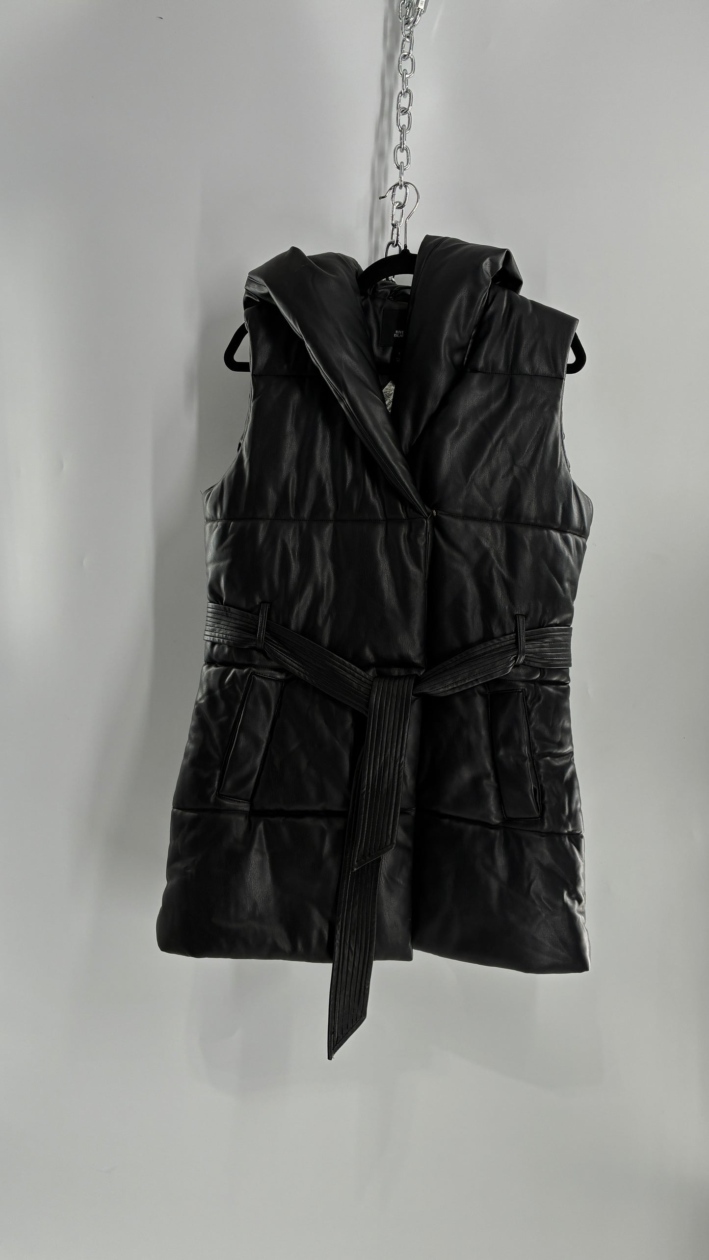 River Island Black Vegan Leather Puffer Style Sleeveless Vest (Small)