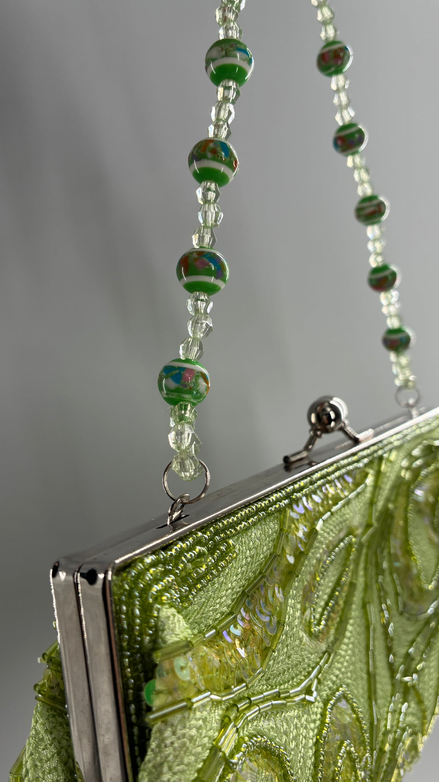 Vintage 1990s Light Green Knit Shoulder Purse with Sequins and Beaded Details