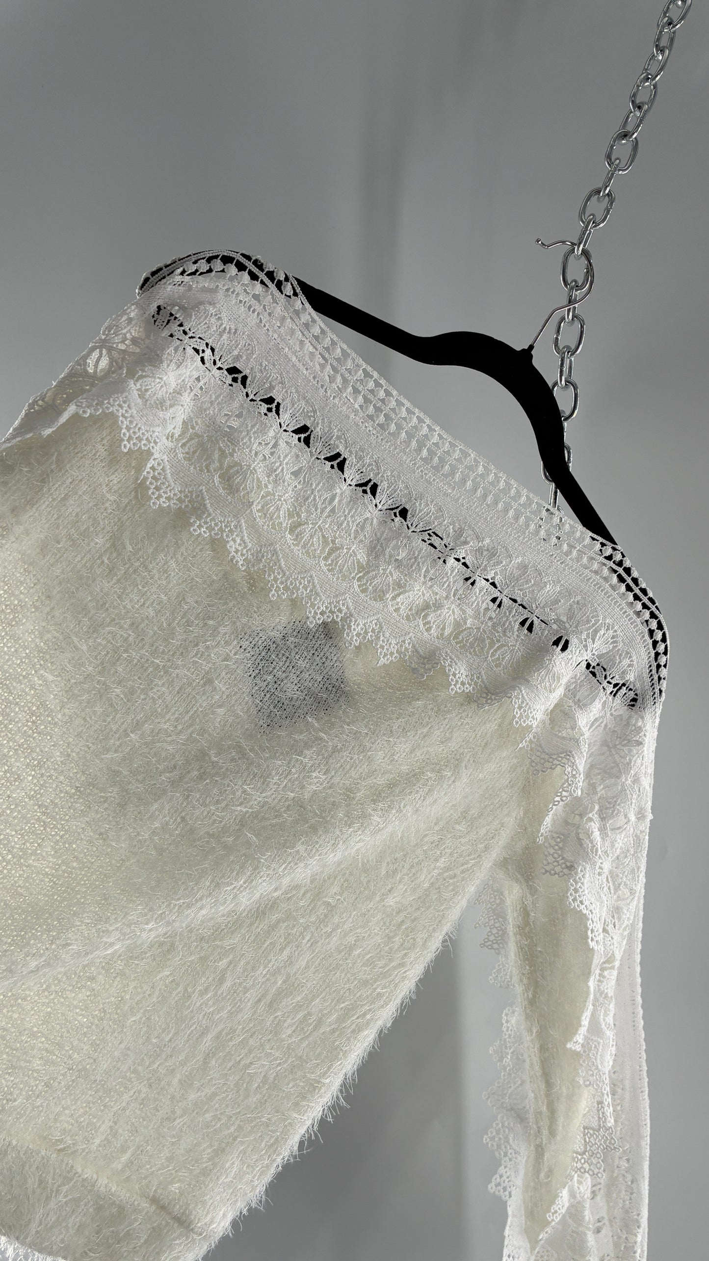 Deadstock White Shaggy Sweater with Thick Scalloped Lace Neckline + Arm Detail and Tags Attached (Medium)