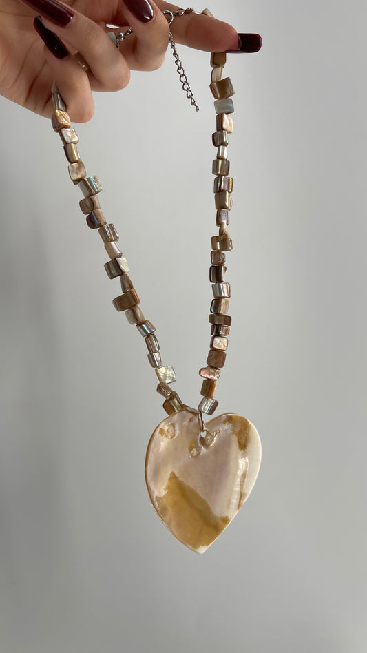 Vintage Seashell, Beaded Heart Necklace