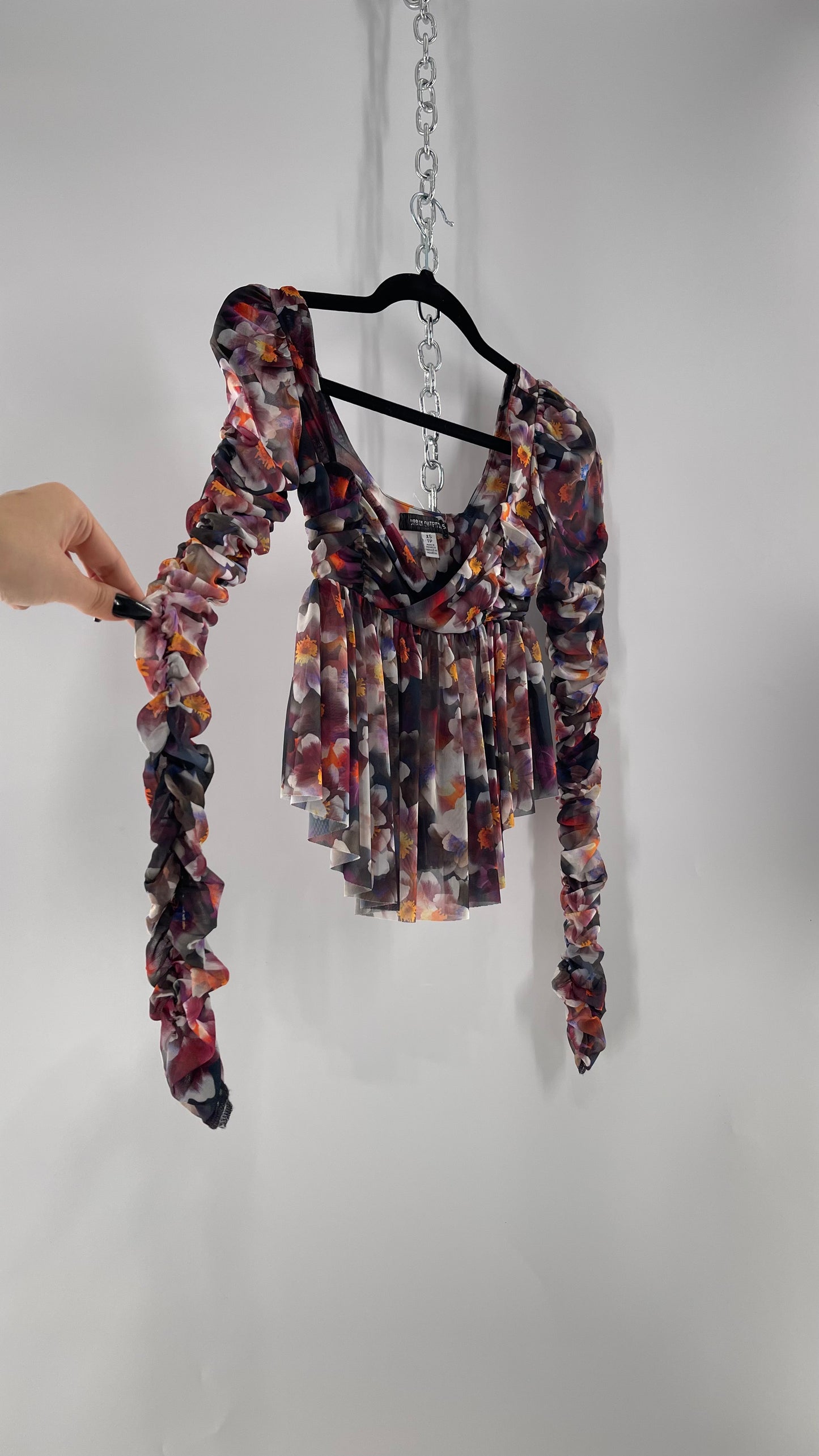 Urban Outfitters Psychedelic Floral Mesh Cropped Blouse with Ruched Sleeves and Pleated Hem (XS)