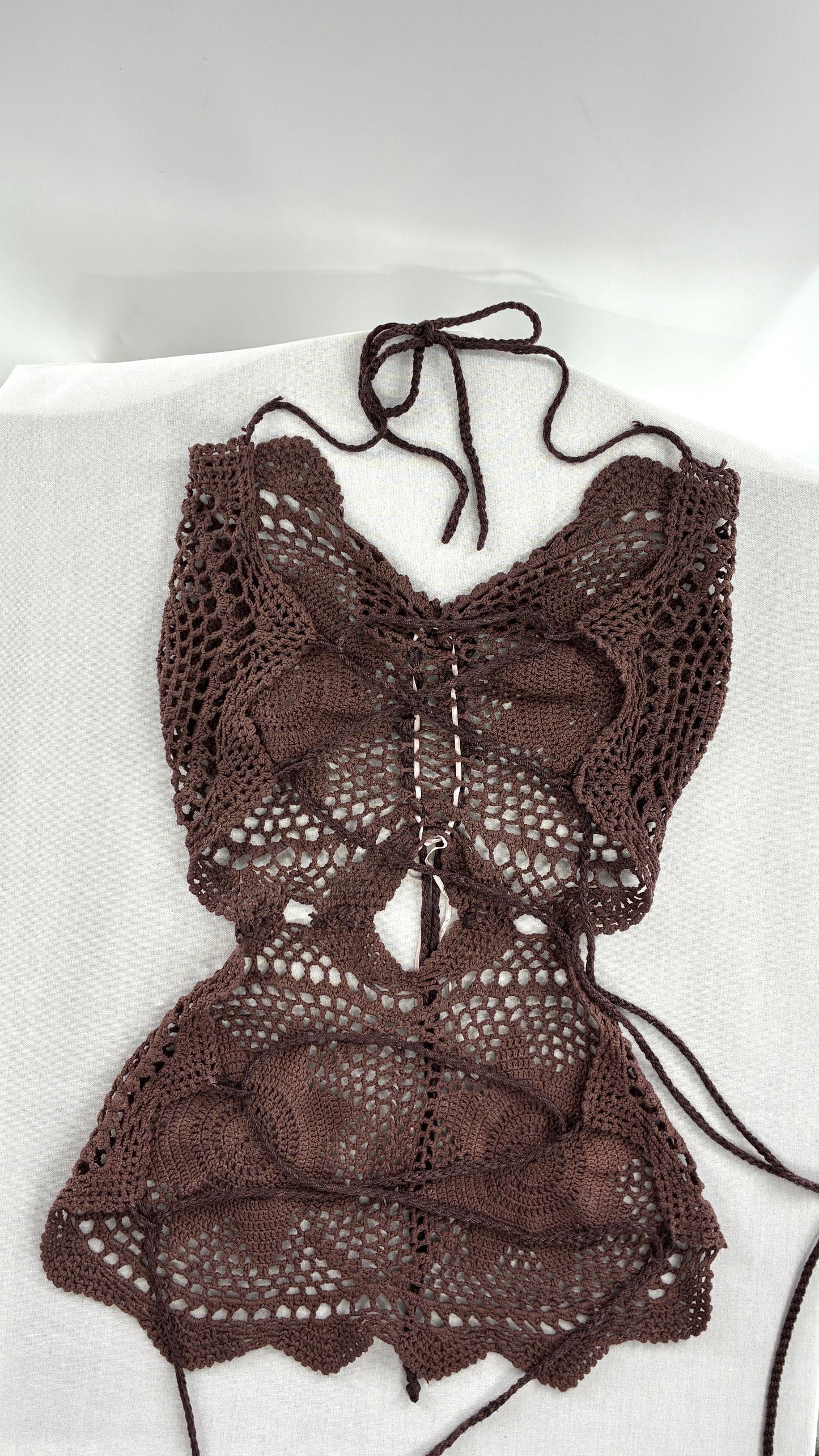 Handmade Brown Crochet Backless Tunic (One Size)