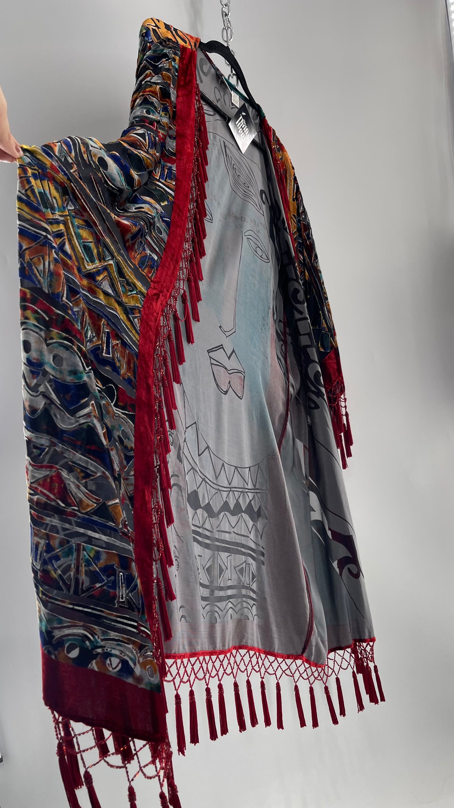 Vintage Burnout Buddhist Motif Velvet/Velour Beaded Fringe Duster Coat/Kimono with Tassel Sleeves and Hems (M/L)
