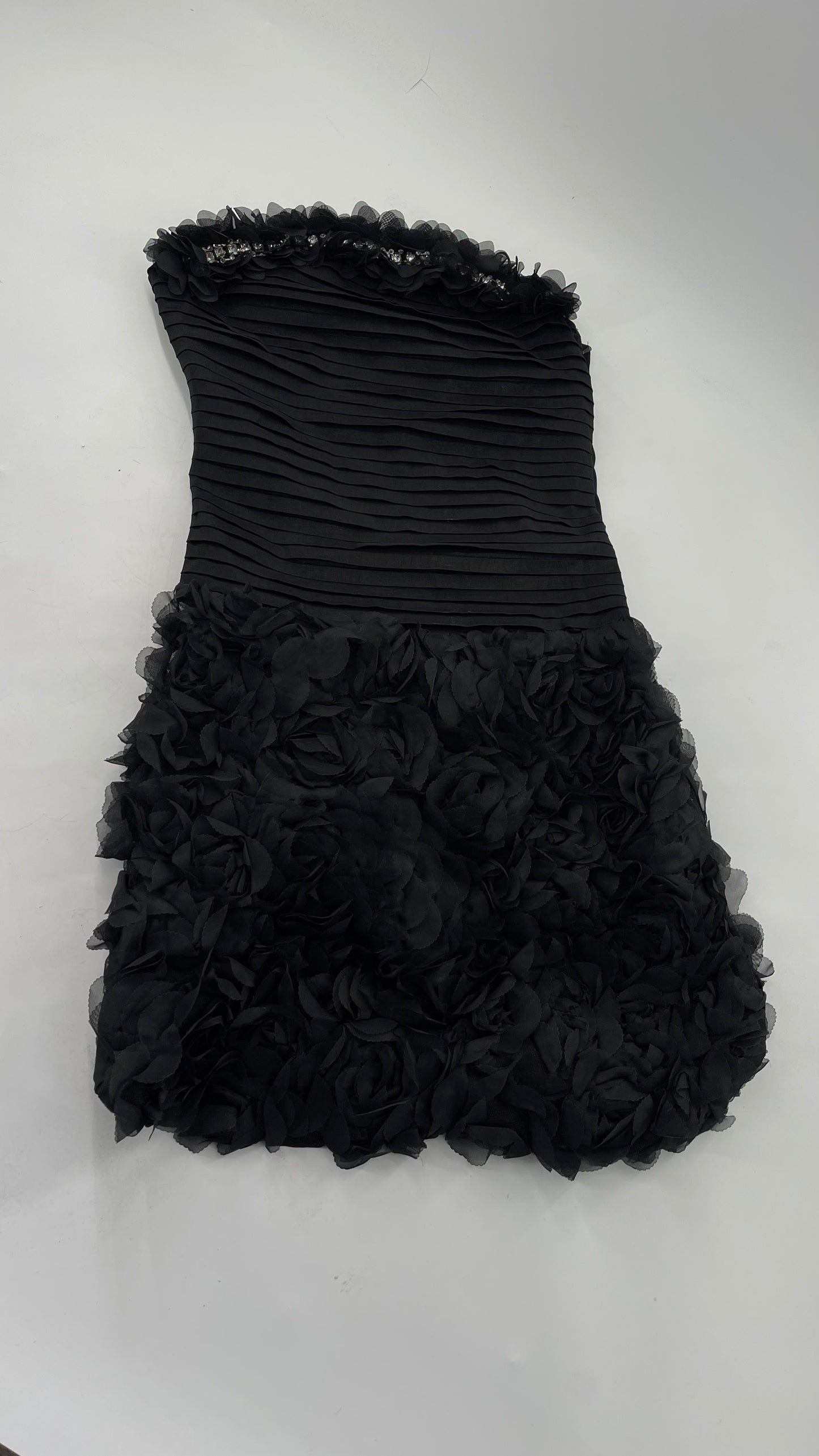 C.O:GWBG Black Dress with Pleated Bodice, Floral Ruffled Skirt and Bedazzled Bustline (S/M)