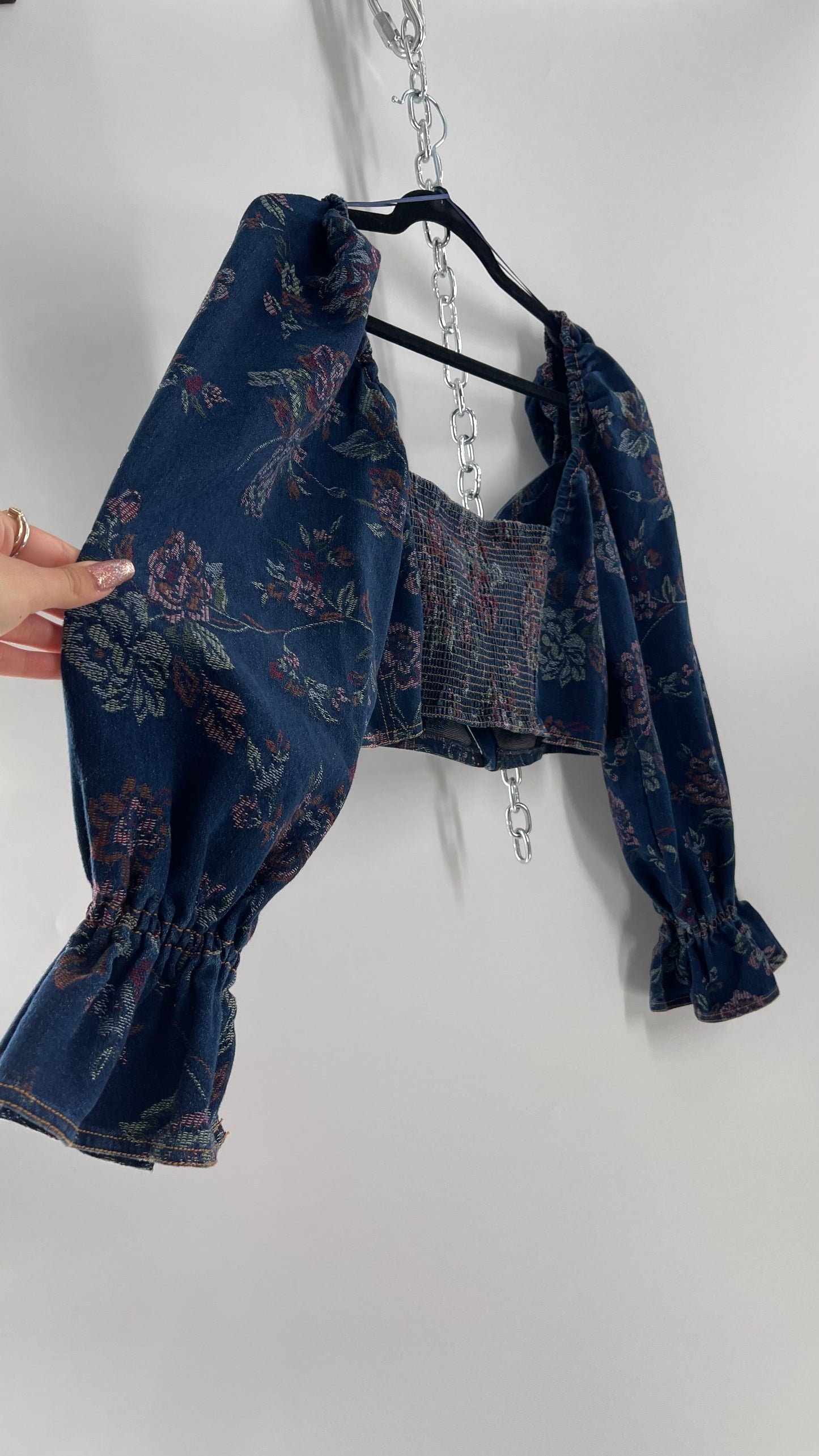 Urban Outfitters Denim Cropped Corset Grommet Balloon Sleeve Blouse (Large)
