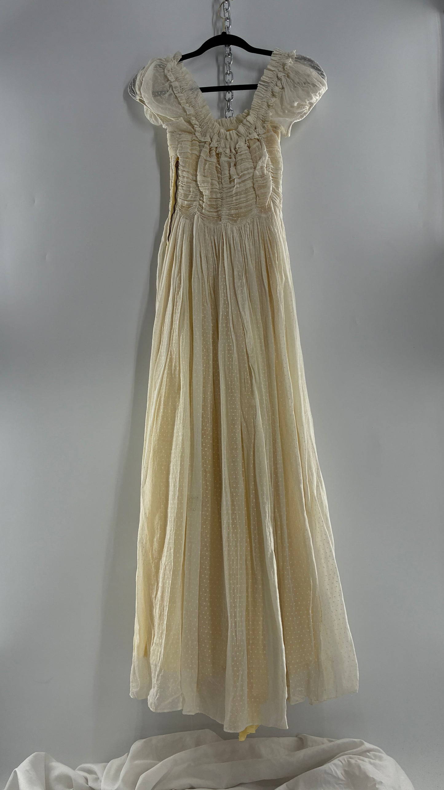 Vintage 1970s Off White Cotton Handmade Maxi Dress with Ruched Bodice, Puff Sleeves, and Polka Dot Texture (XS/S)