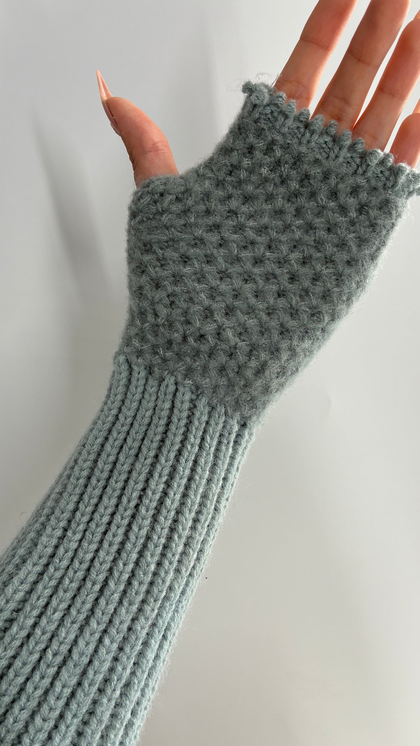 Free People Distressed Grey Blue Distressed Knit Fingerless Arm Warmer Gloves