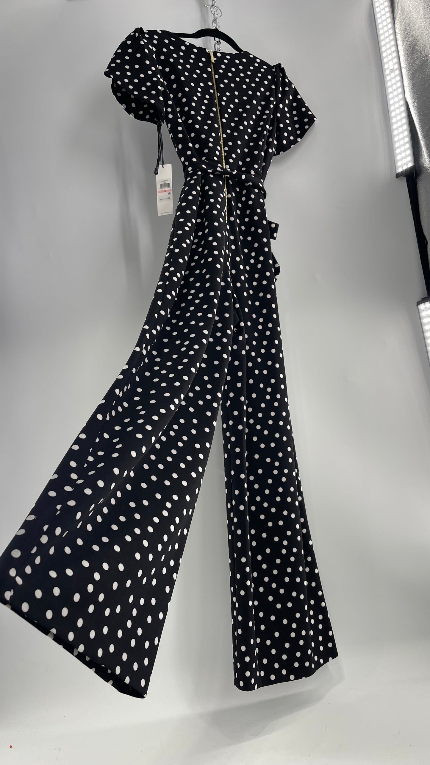Calvin Klein Black/White Polka Dot Jumpsuit with Waist Tie and Wide Legs (10)