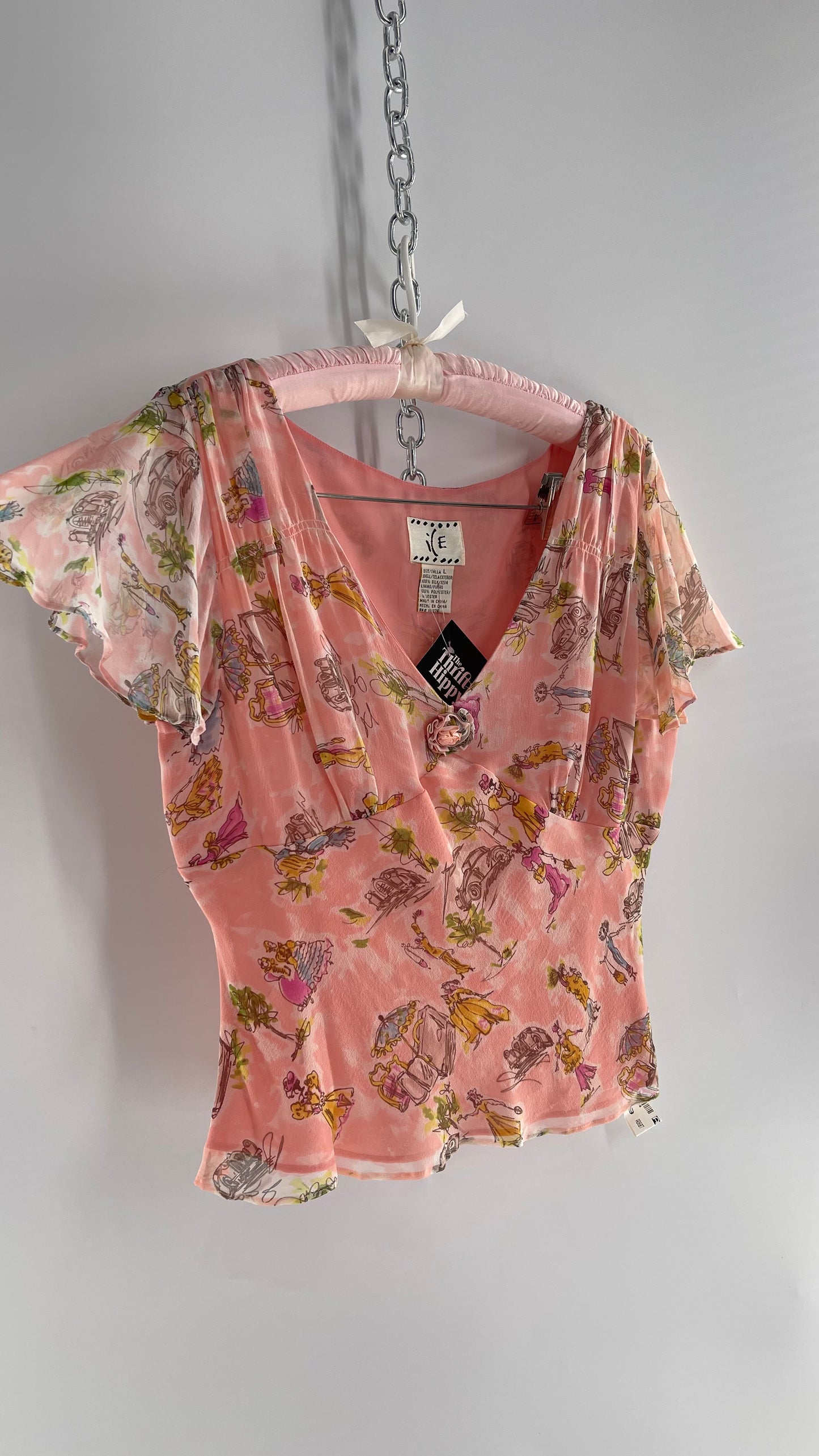 Vintage 1990s RARE i(E Femme Sketch 100% Silk Pink Blouse with Rosette Bust Detail (Large)