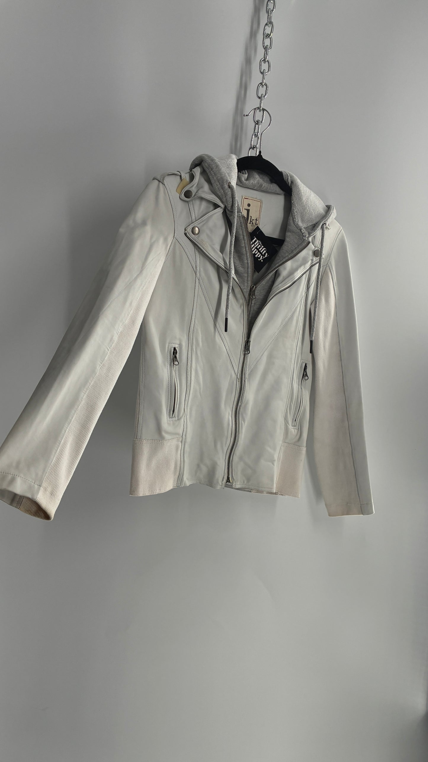 Jakett White Molly Burnished White Genuine Leather Double Layer Moto Jacket with Removable Grey Hoodie Insert (XS)