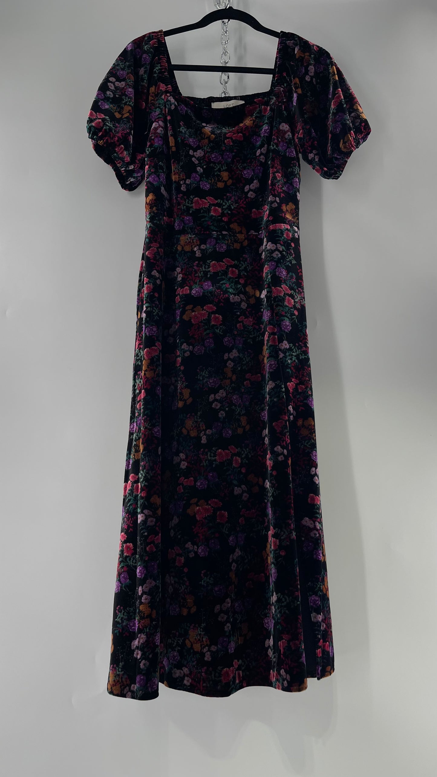 LOFT Velvet Dark Floral Full Length Dress with Puff Sleeves and Smocked Back with Tags Attached (8)