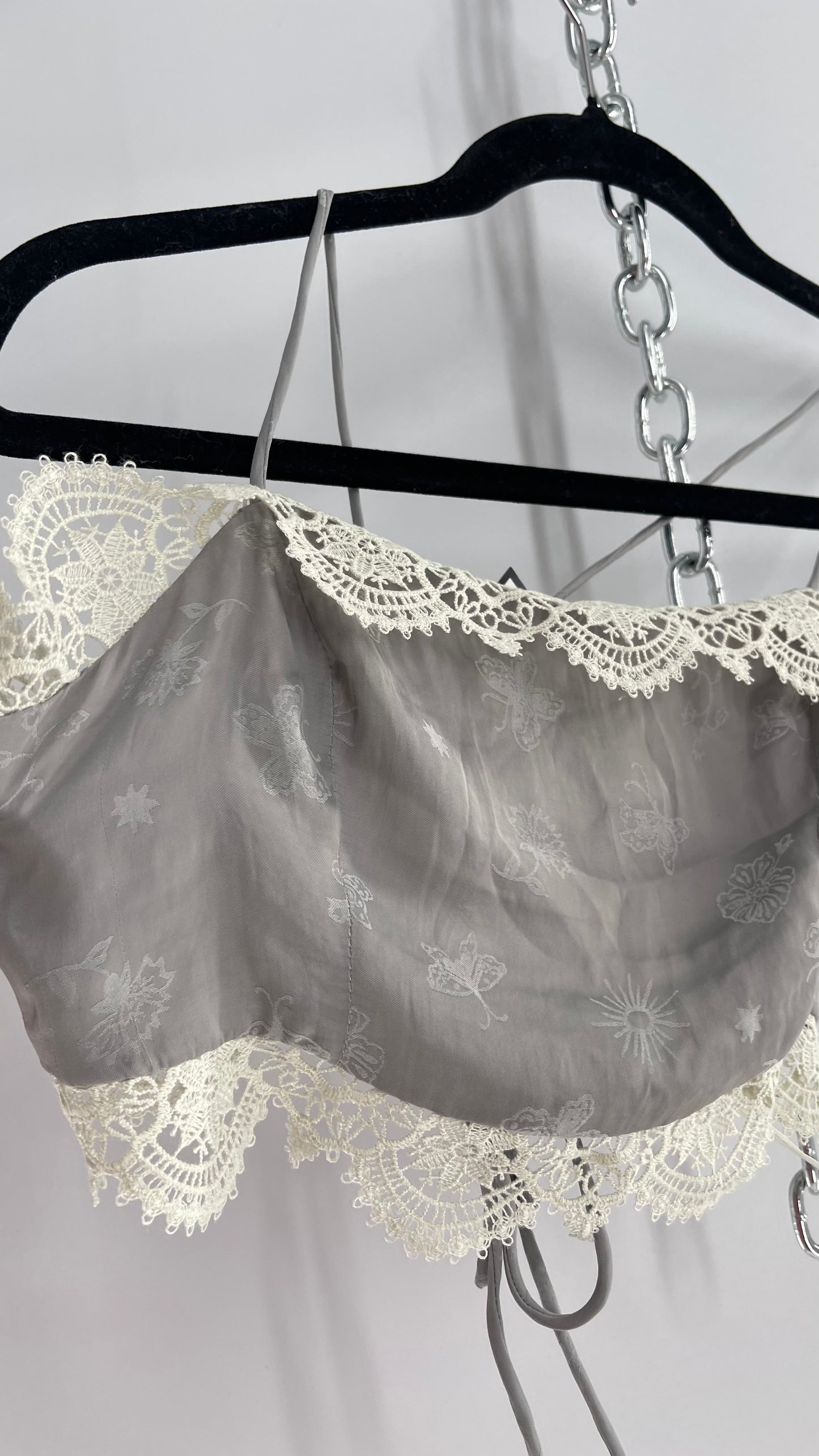 Intimately Free People Grey Silky Bustier with Tattoo Pattern and White Lace Trim (XS)