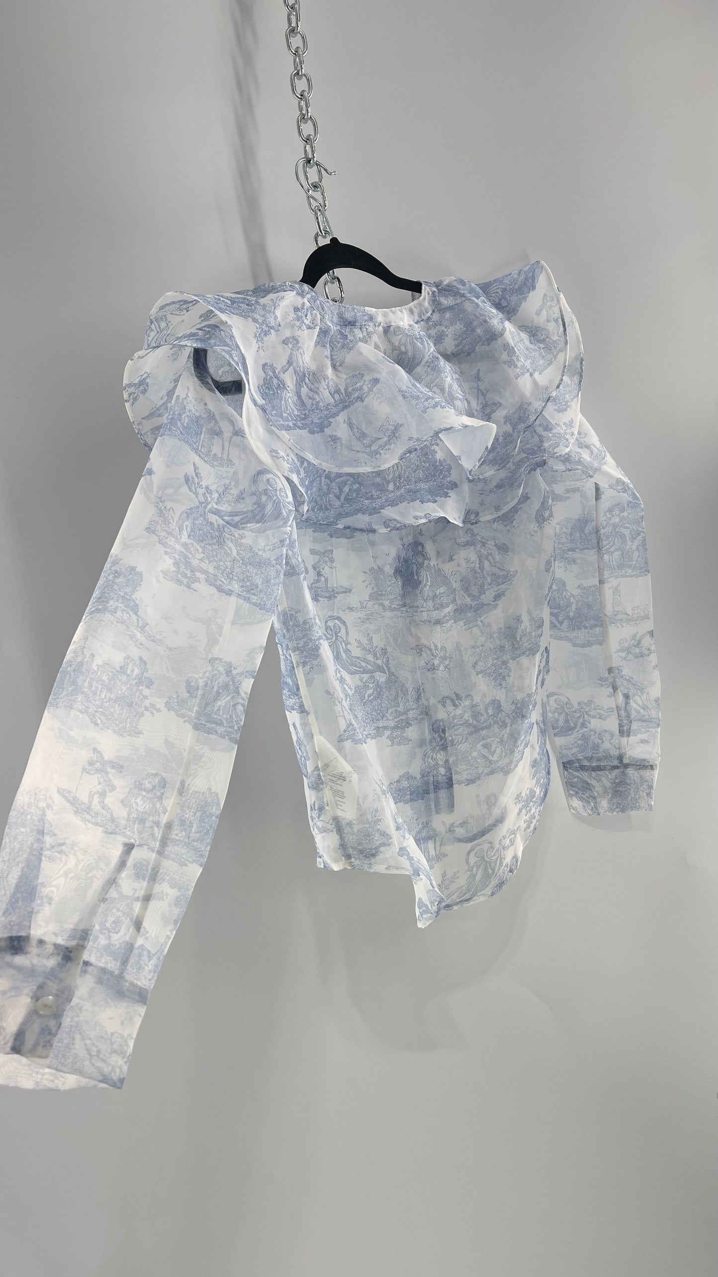 Laura Ashley Urban Outfitters Voile Sheer Ruffled Shoulder Button Up with Blue Vintage Print (XS)
