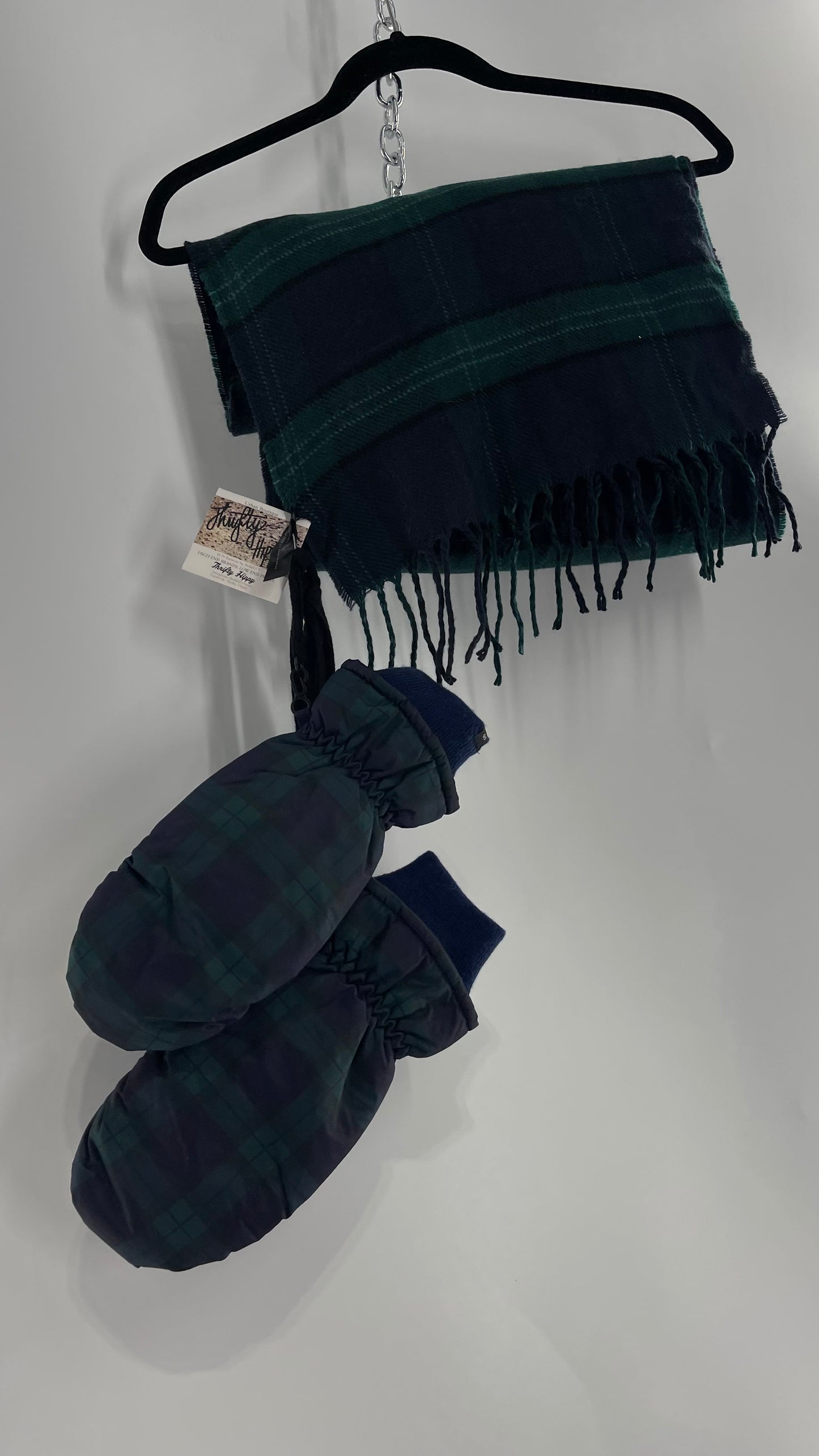 Urban Outfitters Plaid Navy Green Scarf and Matching Glove Set